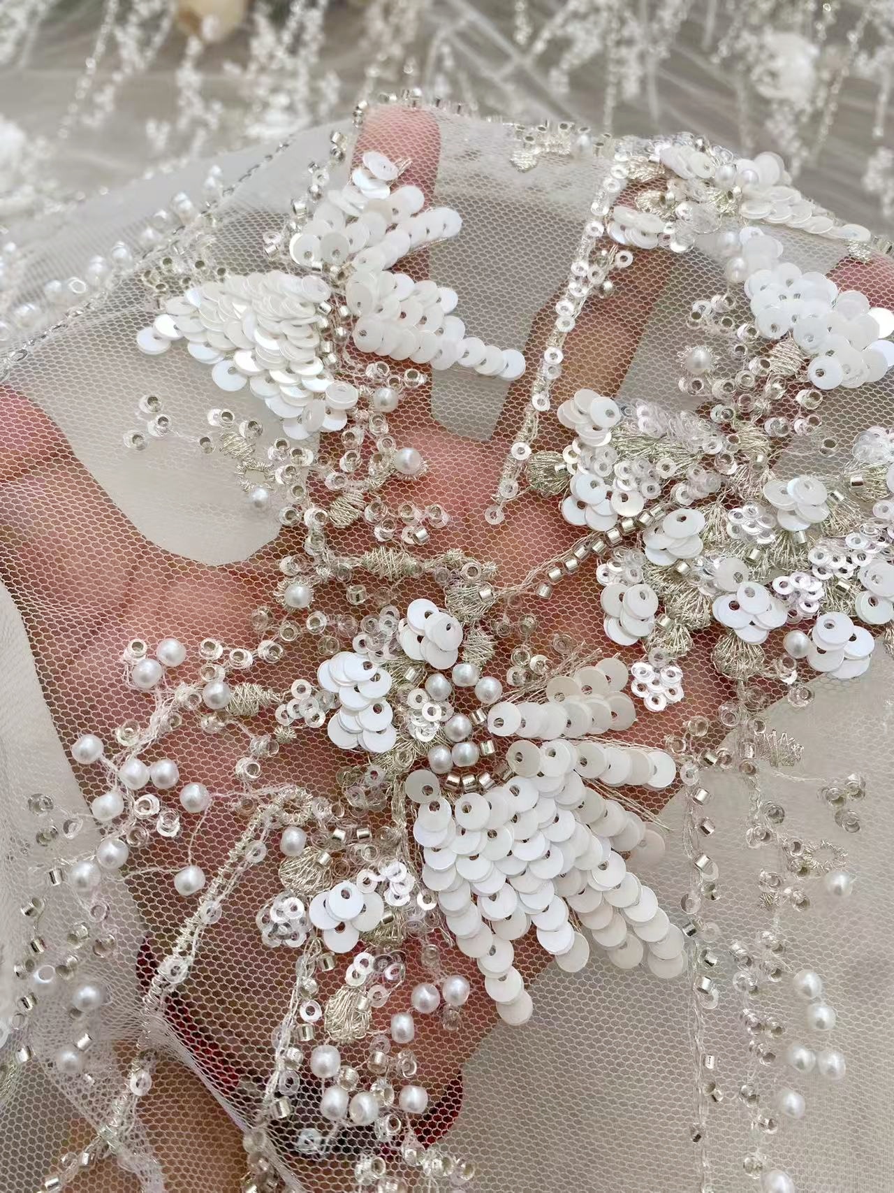 Ivory Heavy Sequin Beads Lace Fabric, Beading Tulle Lace for Prom Dress, Ball Gowns, Couture, Evening Dress