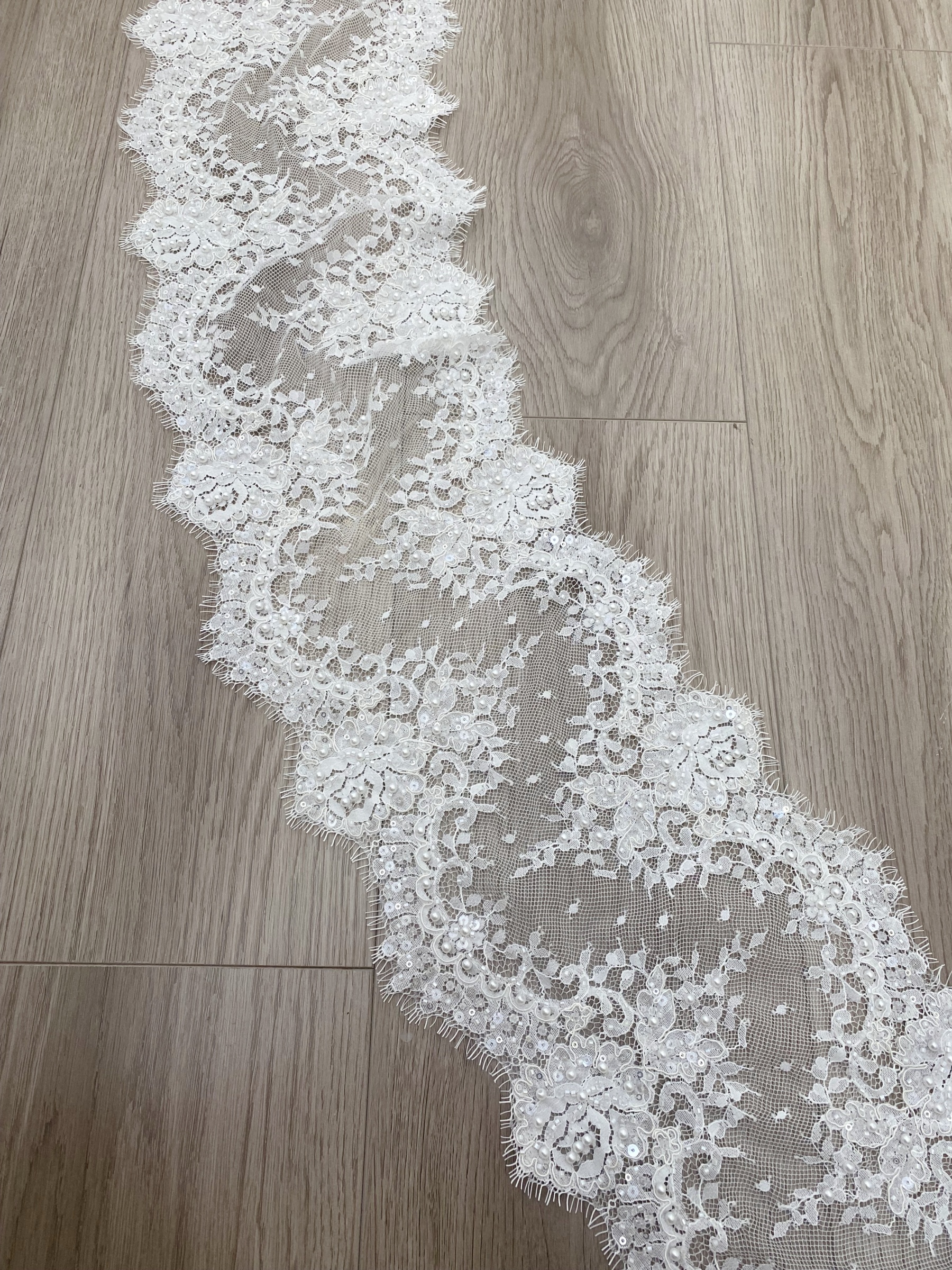 French Chantilly Lace Double Side Scalloped Beaded Lace Trim with Eyelash，Veil Lace Fabric, Bridal Wedding Accessories，Sold as 3-Meter Piece