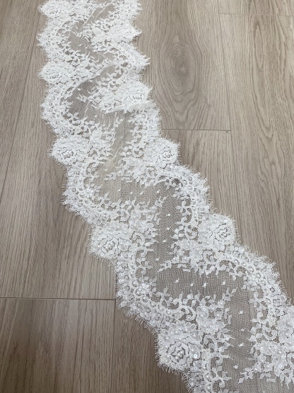 French Chantilly Lace Double Side Scalloped Beaded Lace Trim with Eyelash，Veil Lace Fabric, Bridal Wedding Accessories，Sold as 3-Meter Piece