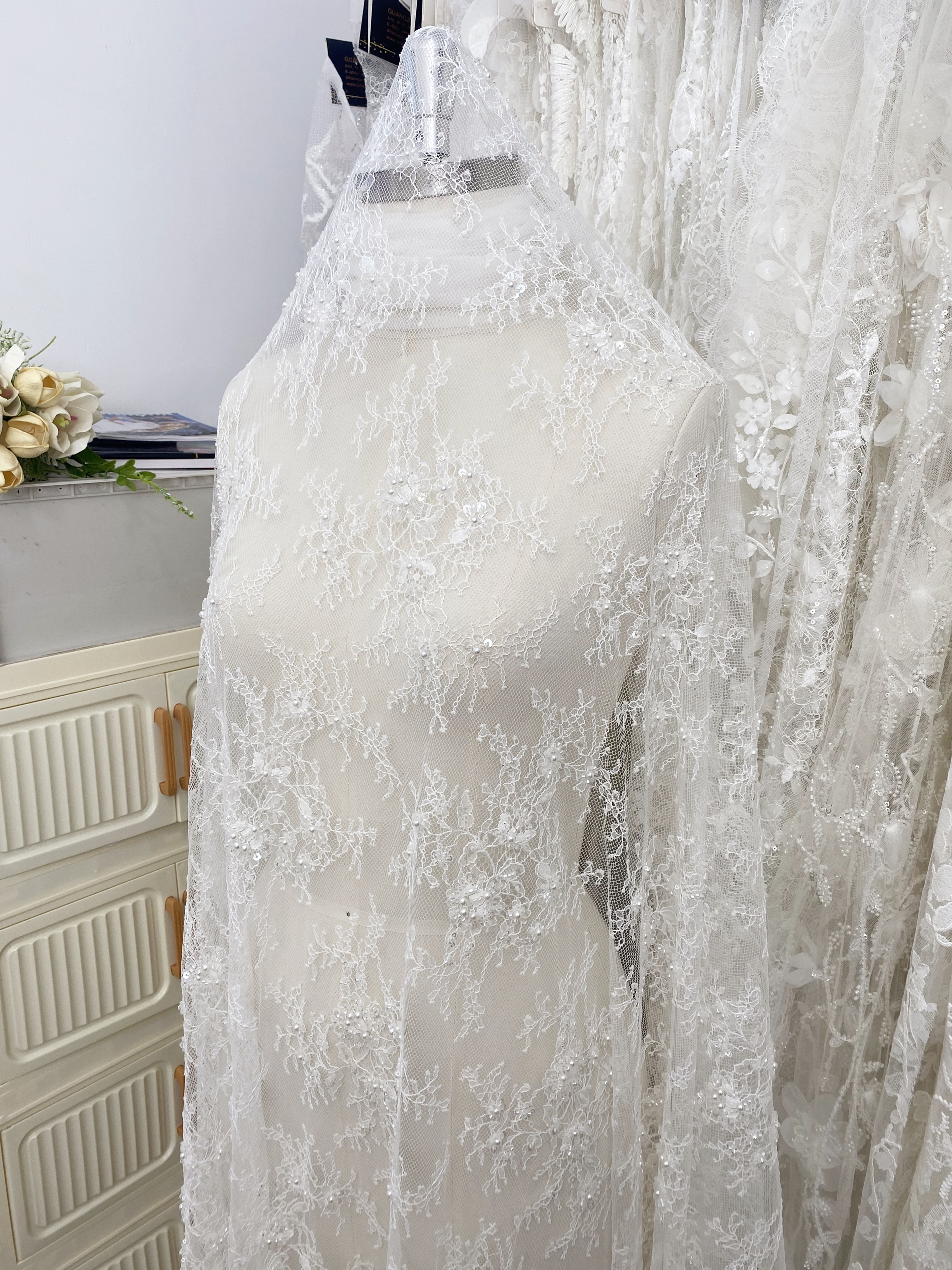 White Bead Chantilly Lace Fabric with Sequins for Wedding Dress,Bridal Gown Veil, Alencon Lace Floral Trim Eyelash Edging,Sold as 3-Meter Piece