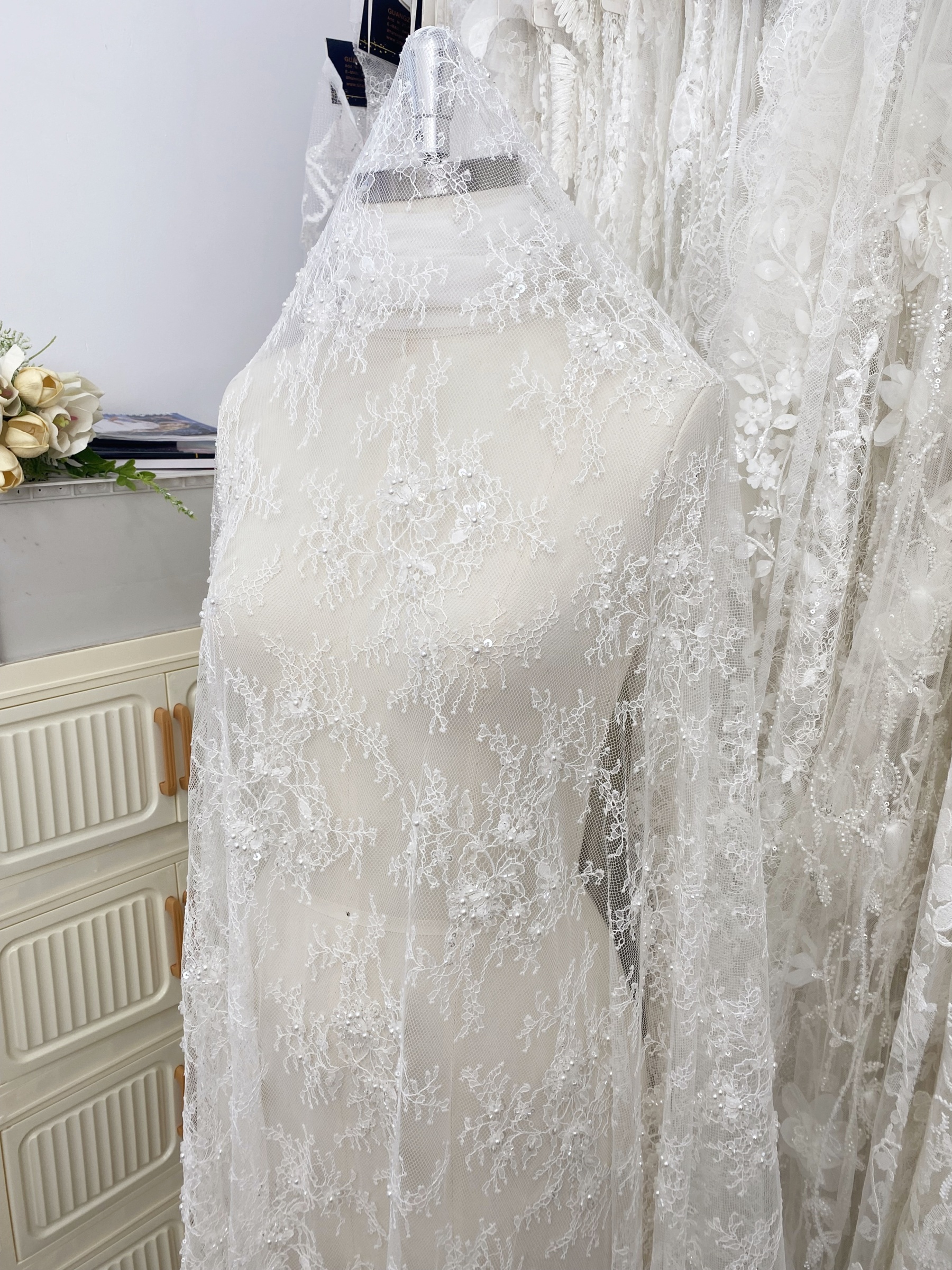 White Bead Chantilly Lace Fabric with Sequins for Wedding Dress,Bridal Gown Veil, Alencon Lace Floral Trim Eyelash Edging,Sold as 3-Meter Piece