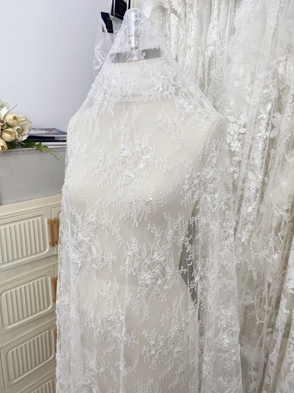 White Bead Chantilly Lace Fabric with Sequins for Wedding Dress,Bridal Gown Veil, Alencon Lace Floral Trim Eyelash Edging,Sold as 3-Meter Piece