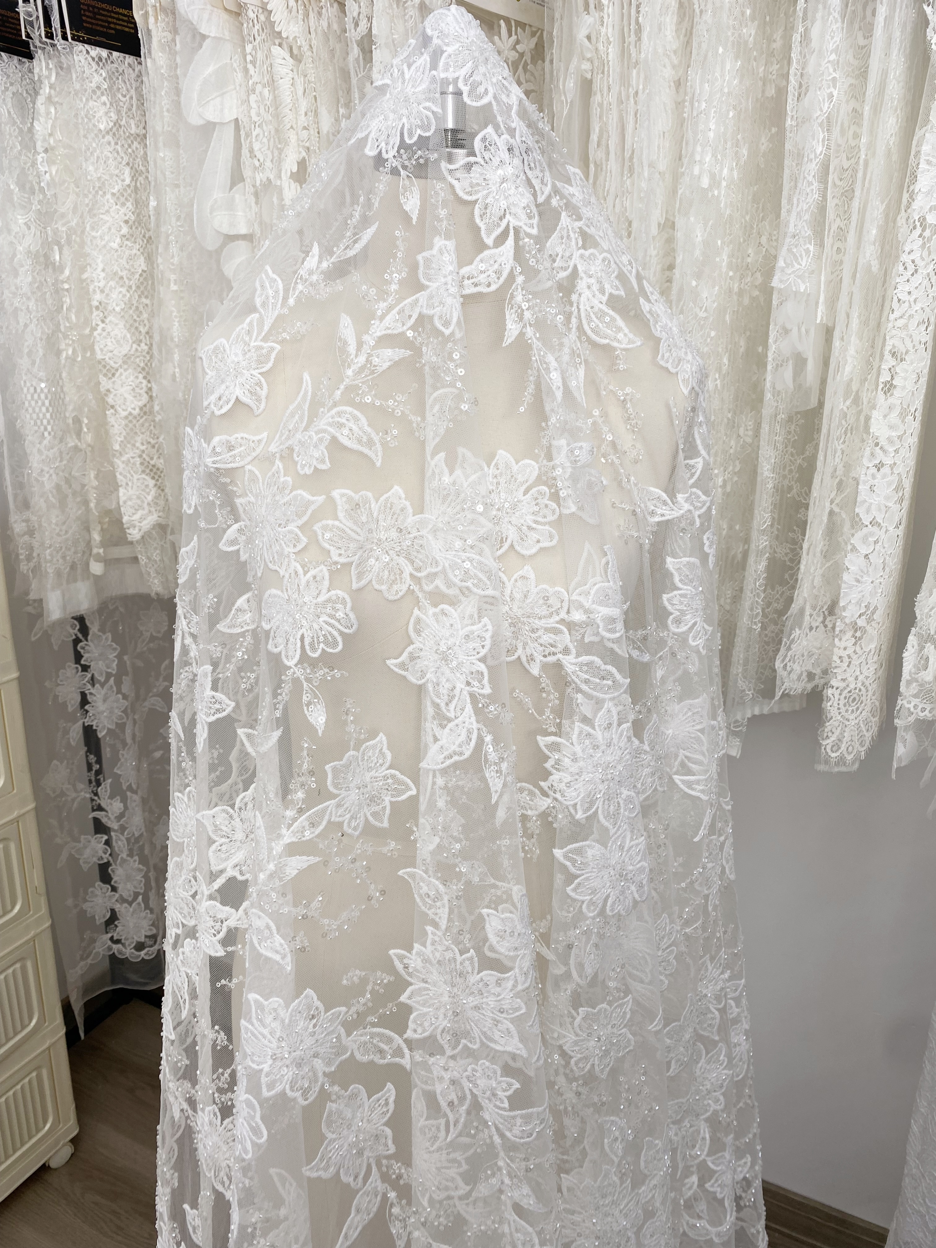 Ivory Embroidered Lace Fabric with Beads and Sequins for Wedding Dresses, Romantic Flower Lace Fabric, Rayon Embroidery Flower Lace