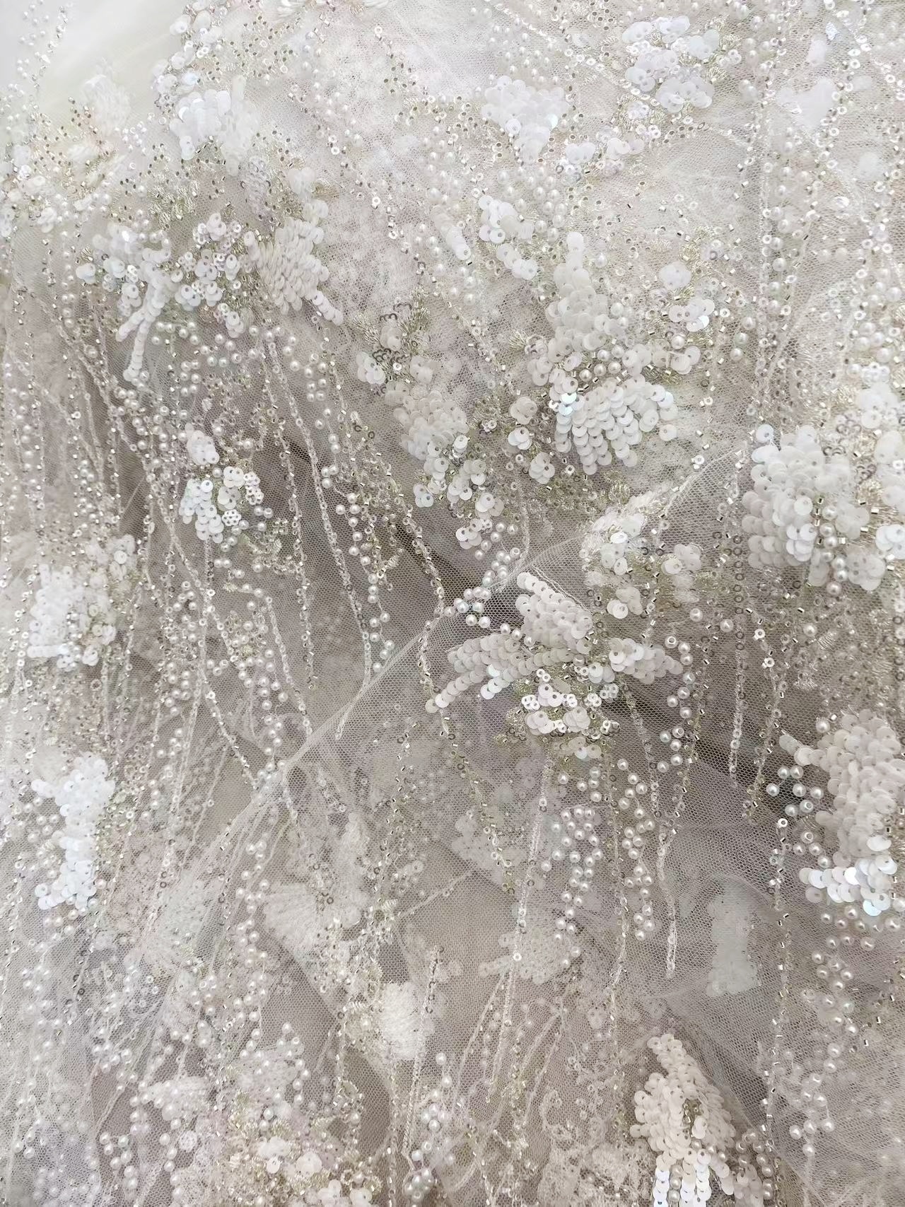 Ivory Heavy Sequin Beads Lace Fabric, Beading Tulle Lace for Prom Dress, Ball Gowns, Couture, Evening Dress