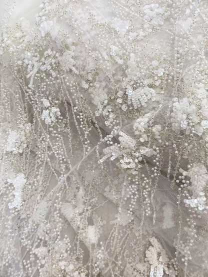 Ivory Heavy Sequin Beads Lace Fabric, Beading Tulle Lace for Prom Dress, Ball Gowns, Couture, Evening Dress