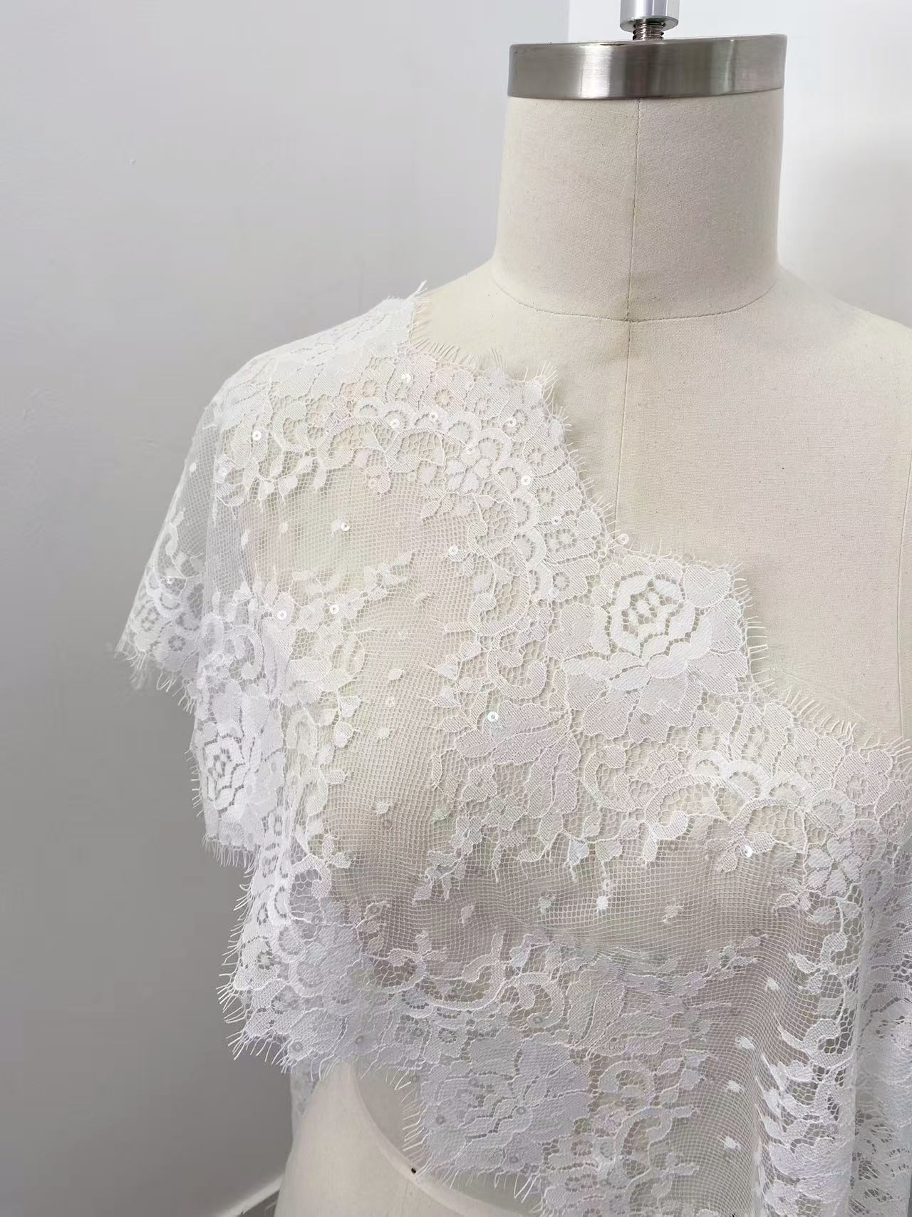 Chantilly Lace Trim Fabric with Squines, White French Eyelash Border Lace for Bridal Veil, Wedding Embroidery Lace Tirmming,Sold by 3 Meters