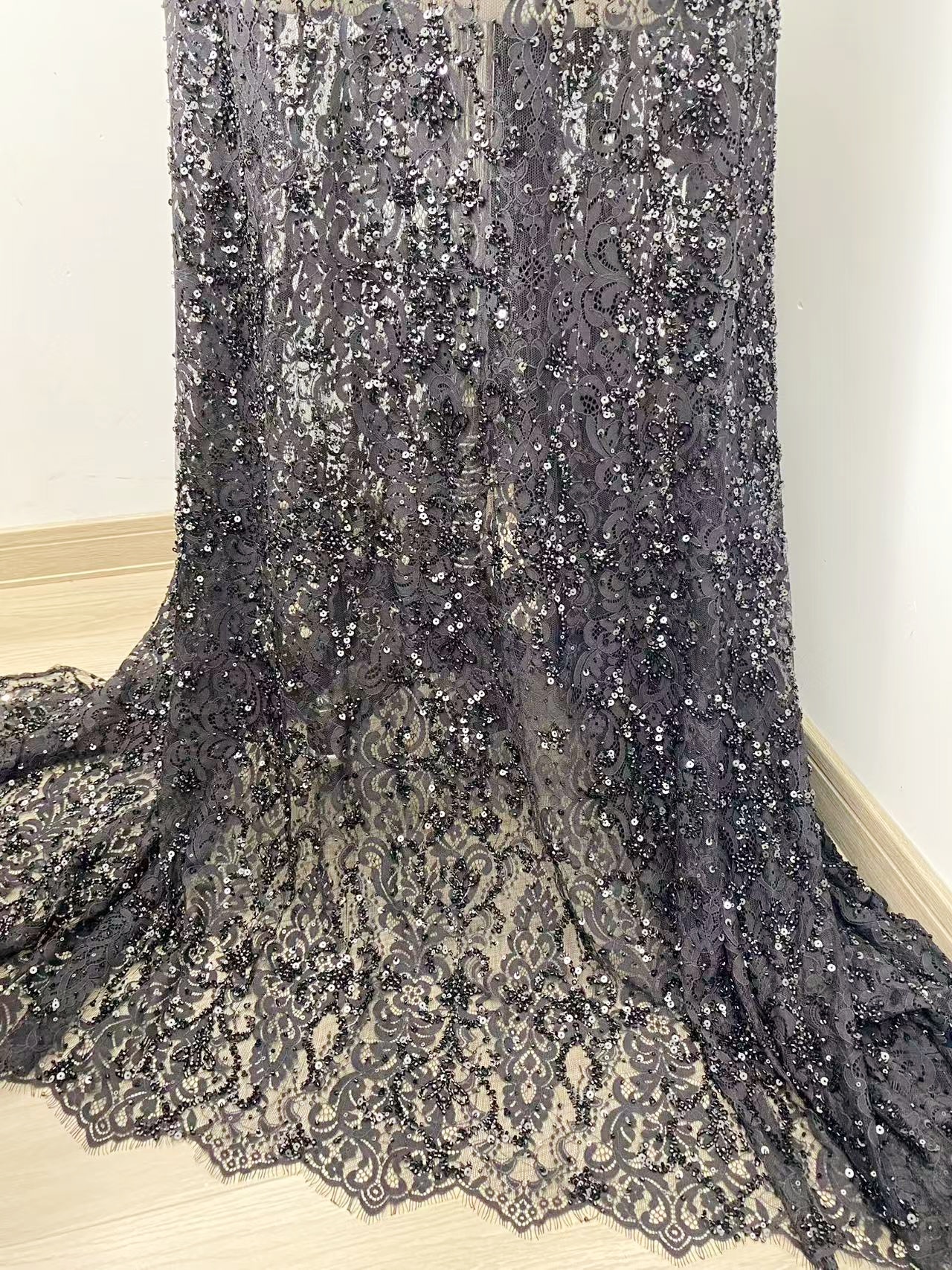 Black French Beaded Chantilly Lace Fabric, Bridal Eyelash Lace Material for Wedding Dress,Gown, Haute couture,Sold as 3-Meter Piece