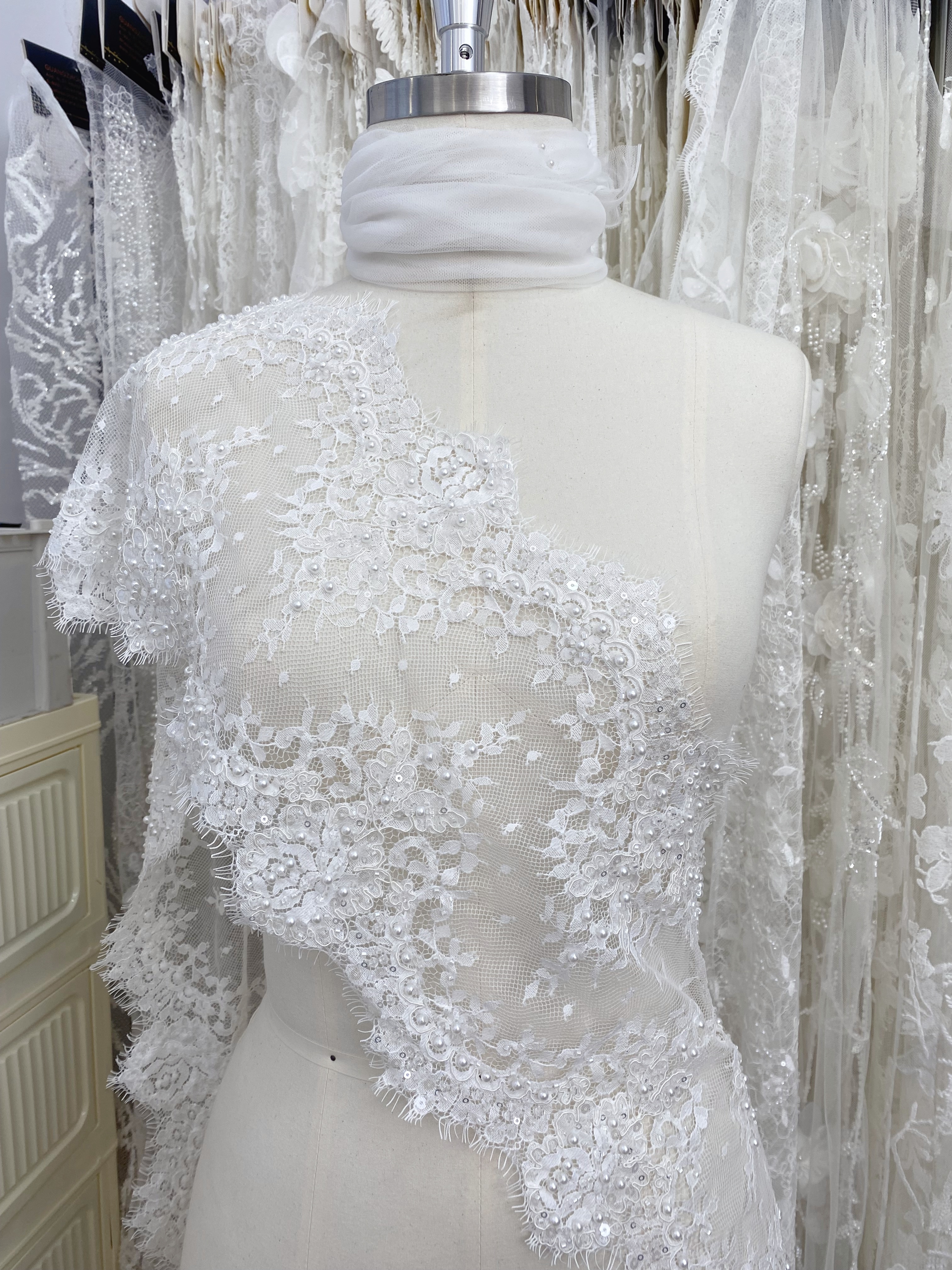 French Chantilly Lace Double Side Scalloped Beaded Lace Trim with Eyelash，Veil Lace Fabric, Bridal Wedding Accessories，Sold as 3-Meter Piece