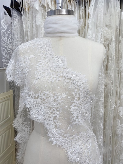 French Chantilly Lace Double Side Scalloped Beaded Lace Trim with Eyelash，Veil Lace Fabric, Bridal Wedding Accessories，Sold as 3-Meter Piece