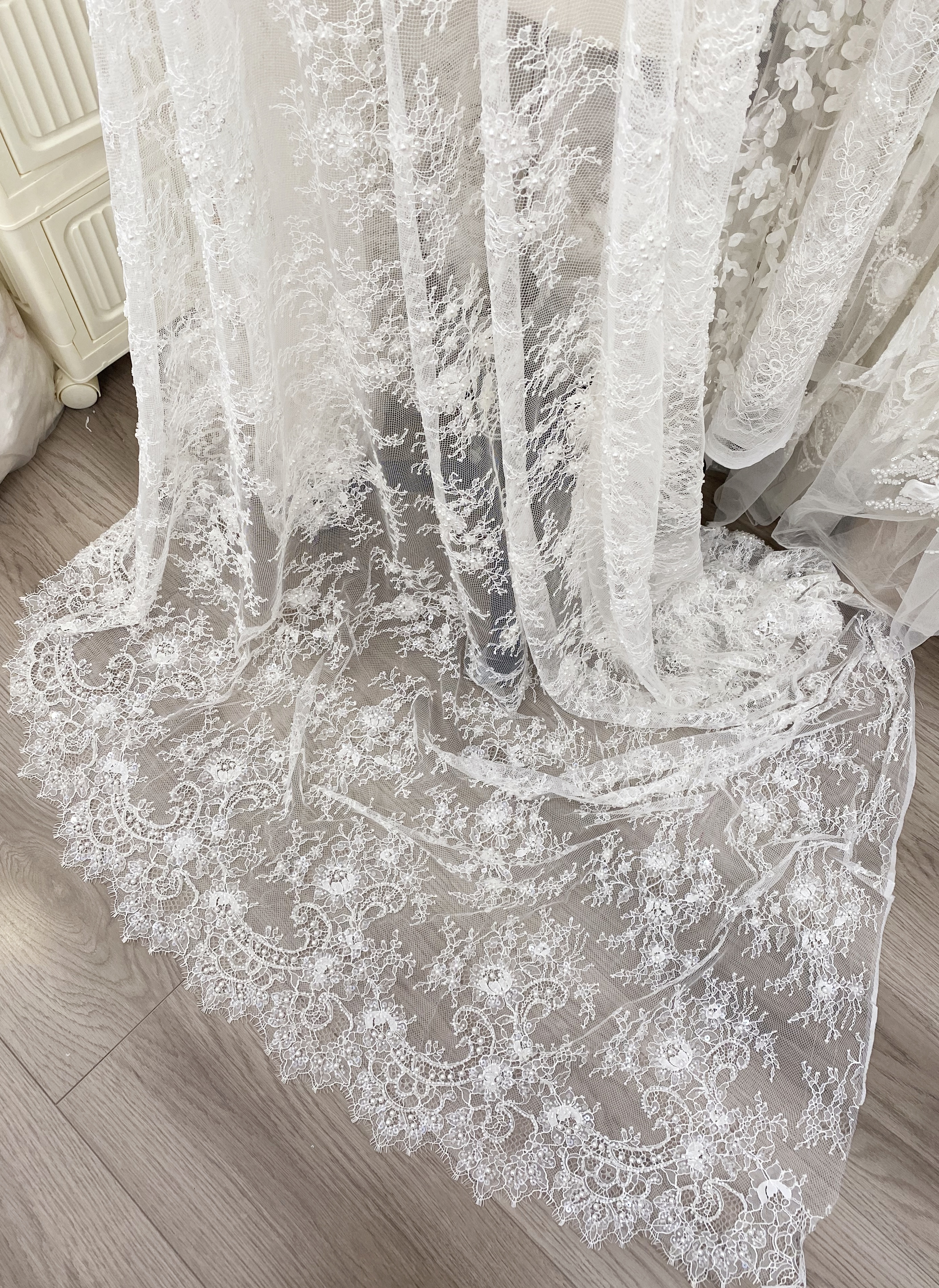 White Bead Chantilly Lace Fabric with Sequins for Wedding Dress,Bridal Gown Veil, Alencon Lace Floral Trim Eyelash Edging,Sold as 3-Meter Piece