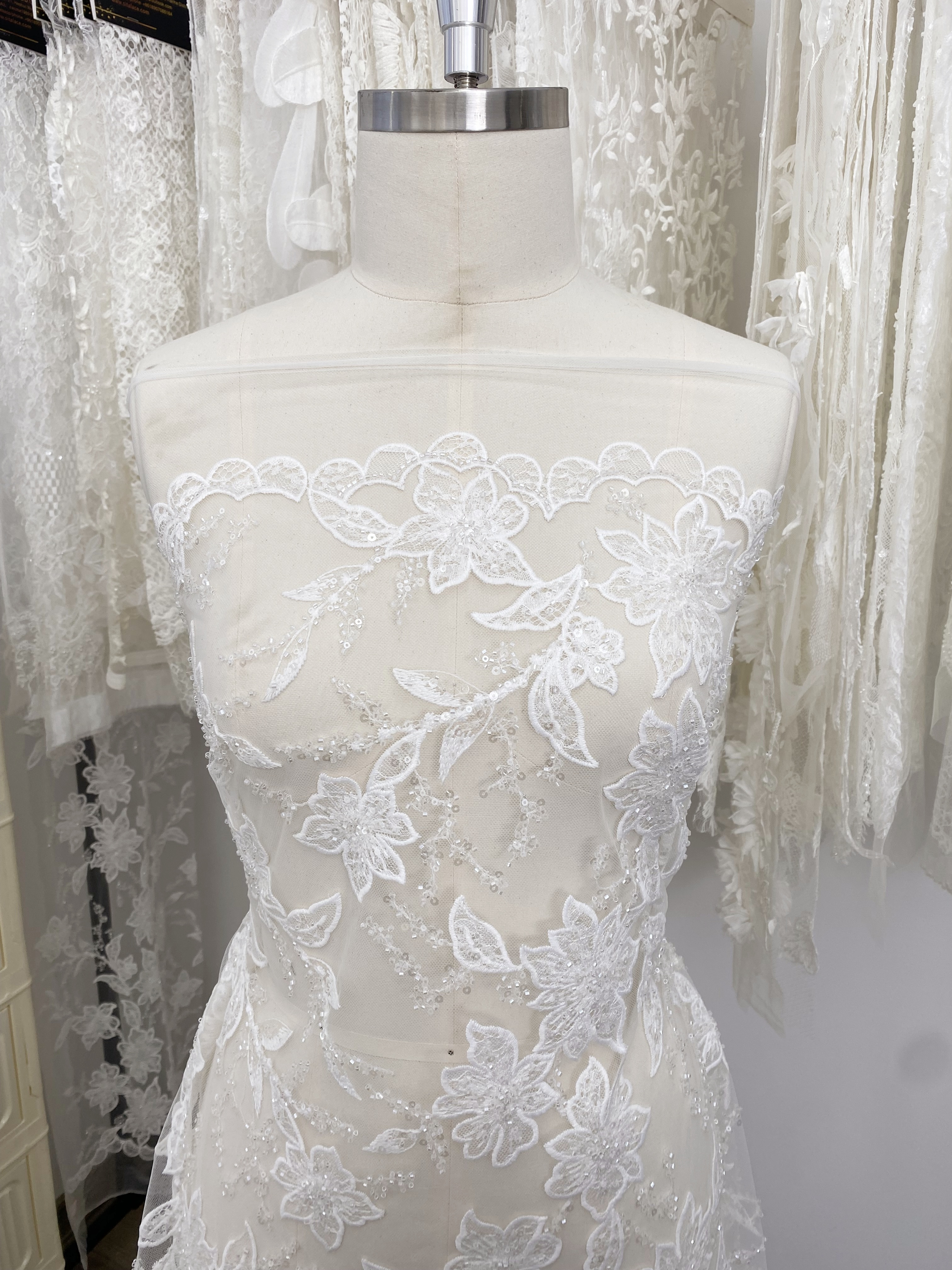 Ivory Embroidered Lace Fabric with Beads and Sequins for Wedding Dresses, Romantic Flower Lace Fabric, Rayon Embroidery Flower Lace