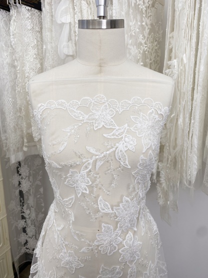 Ivory Embroidered Lace Fabric with Beads and Sequins for Wedding Dresses, Romantic Flower Lace Fabric, Rayon Embroidery Flower Lace