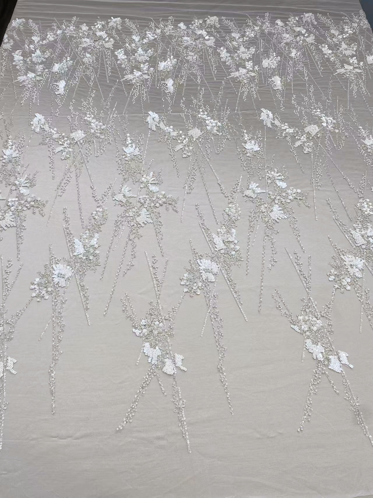 Ivory Heavy Sequin Beads Lace Fabric, Beading Tulle Lace for Prom Dress, Ball Gowns, Couture, Evening Dress