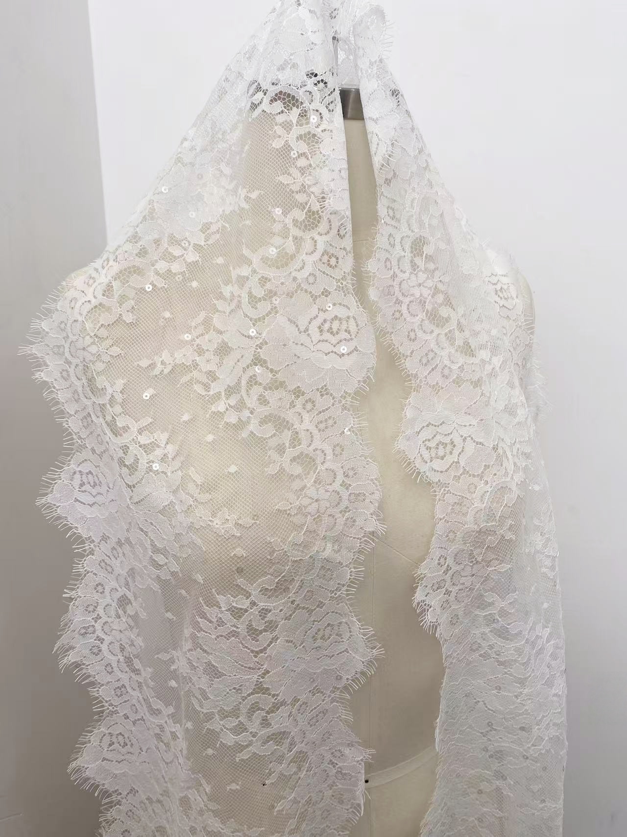 Chantilly Lace Trim Fabric with Squines, White French Eyelash Border Lace for Bridal Veil, Wedding Embroidery Lace Tirmming,Sold by 3 Meters