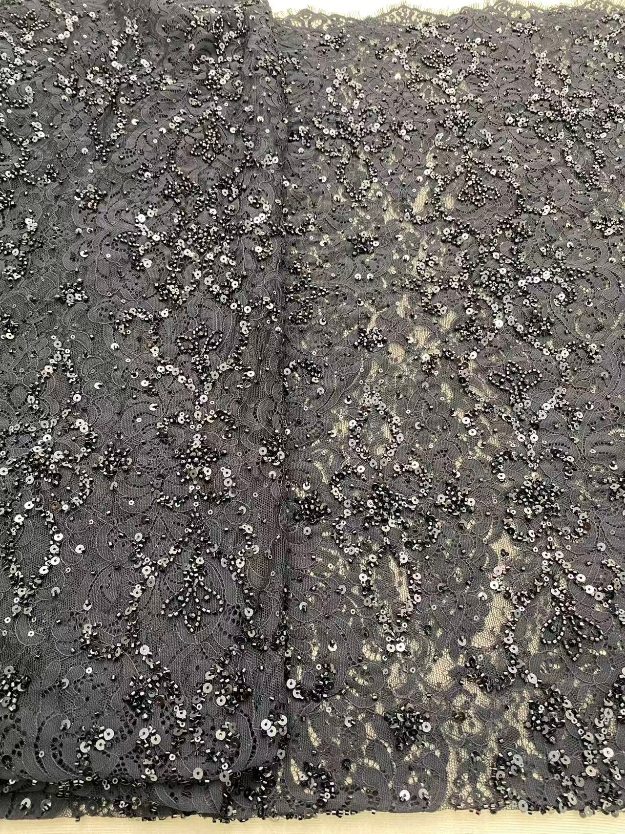 Black French Beaded Chantilly Lace Fabric, Bridal Eyelash Lace Material for Wedding Dress,Gown, Haute couture,Sold as 3-Meter Piece