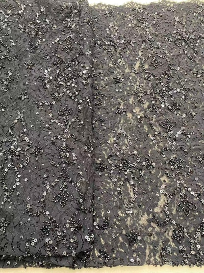 Black French Beaded Chantilly Lace Fabric, Bridal Eyelash Lace Material for Wedding Dress,Gown, Haute couture,Sold as 3-Meter Piece