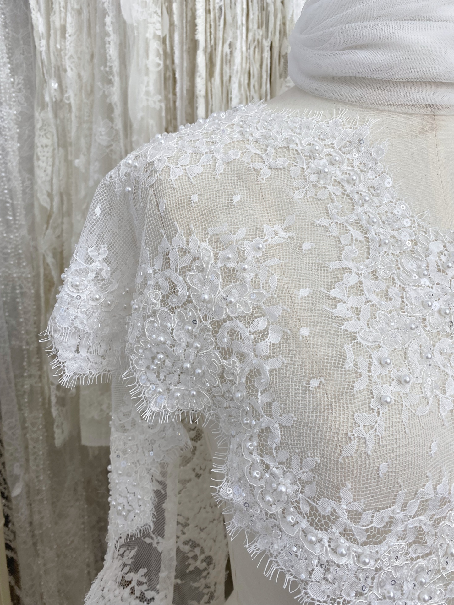 French Chantilly Lace Double Side Scalloped Beaded Lace Trim with Eyelash，Veil Lace Fabric, Bridal Wedding Accessories，Sold as 3-Meter Piece