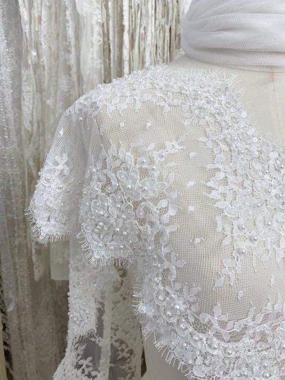 French Chantilly Lace Double Side Scalloped Beaded Lace Trim with Eyelash，Veil Lace Fabric, Bridal Wedding Accessories，Sold as 3-Meter Piece