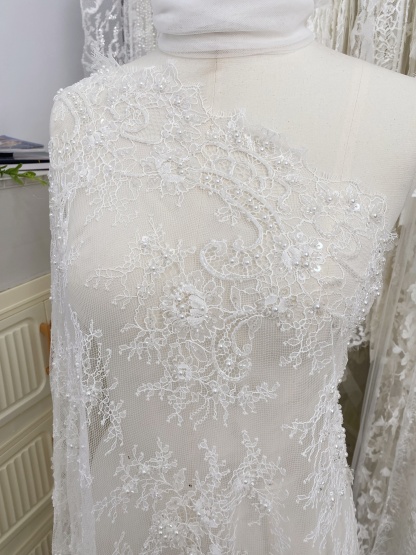 White Bead Chantilly Lace Fabric with Sequins for Wedding Dress,Bridal Gown Veil, Alencon Lace Floral Trim Eyelash Edging,Sold as 3-Meter Piece