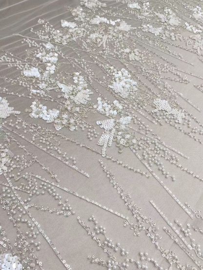 Ivory Heavy Sequin Beads Lace Fabric, Beading Tulle Lace for Prom Dress, Ball Gowns, Couture, Evening Dress