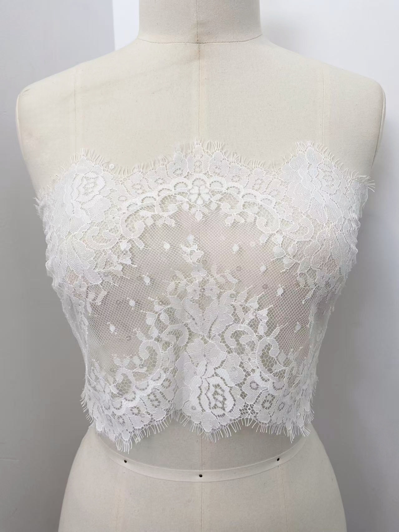 Chantilly Lace Trim Fabric with Squines, White French Eyelash Border Lace for Bridal Veil, Wedding Embroidery Lace Tirmming,Sold by 3 Meters