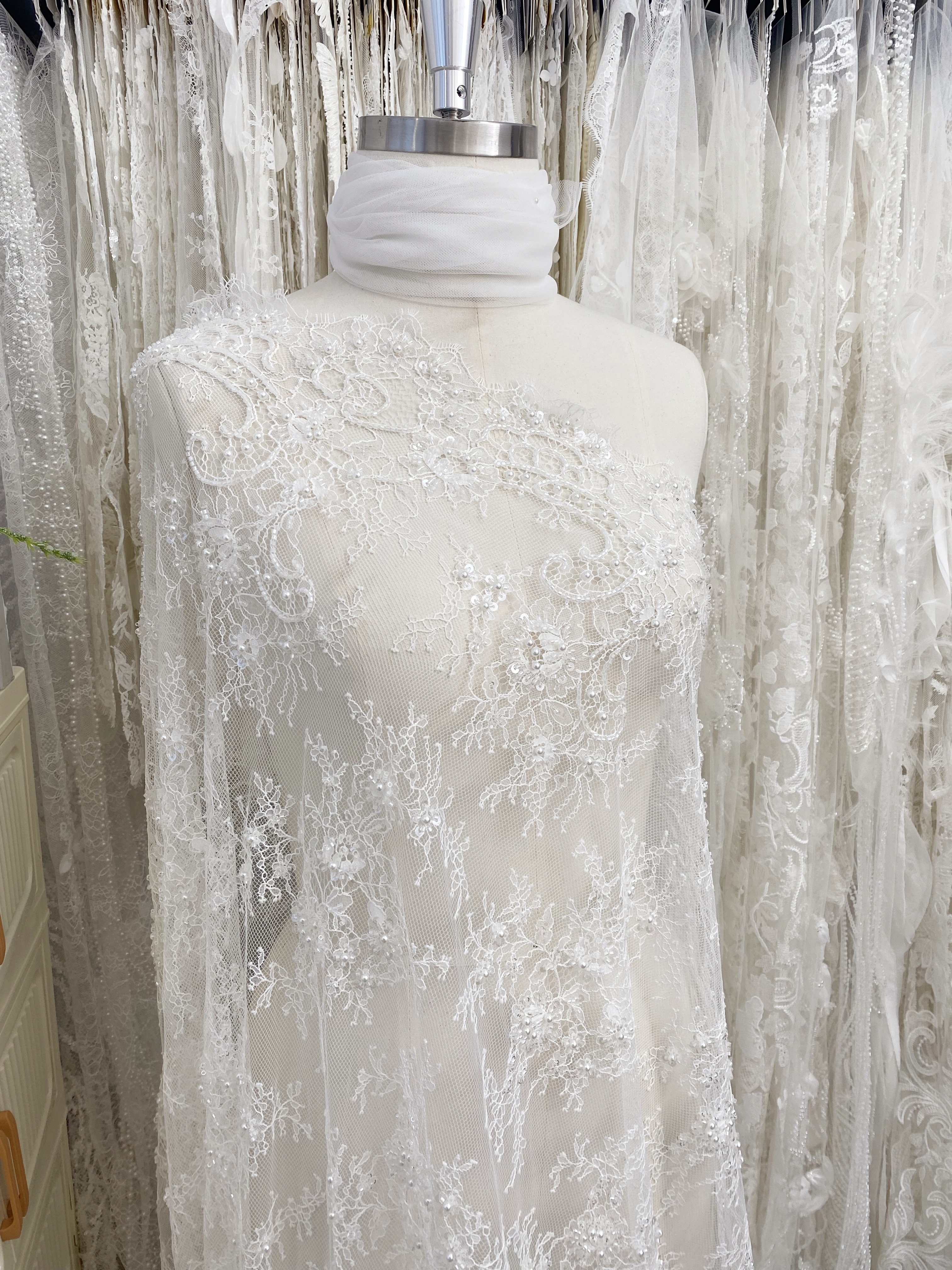 White Bead Chantilly Lace Fabric with Sequins for Wedding Dress,Bridal Gown Veil, Alencon Lace Floral Trim Eyelash Edging,Sold as 3-Meter Piece