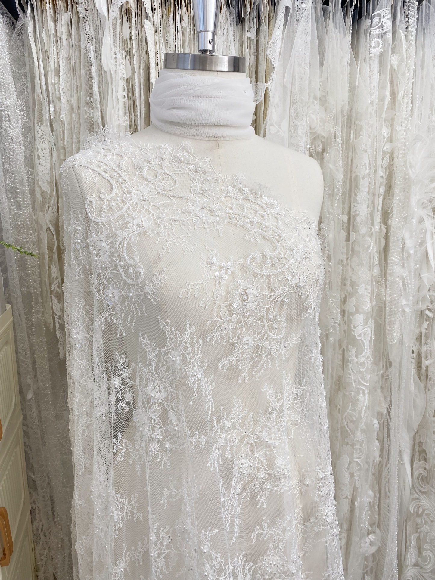 White Bead Chantilly Lace Fabric with Sequins for Wedding Dress,Bridal Gown Veil, Alencon Lace Floral Trim Eyelash Edging,Sold as 3-Meter Piece