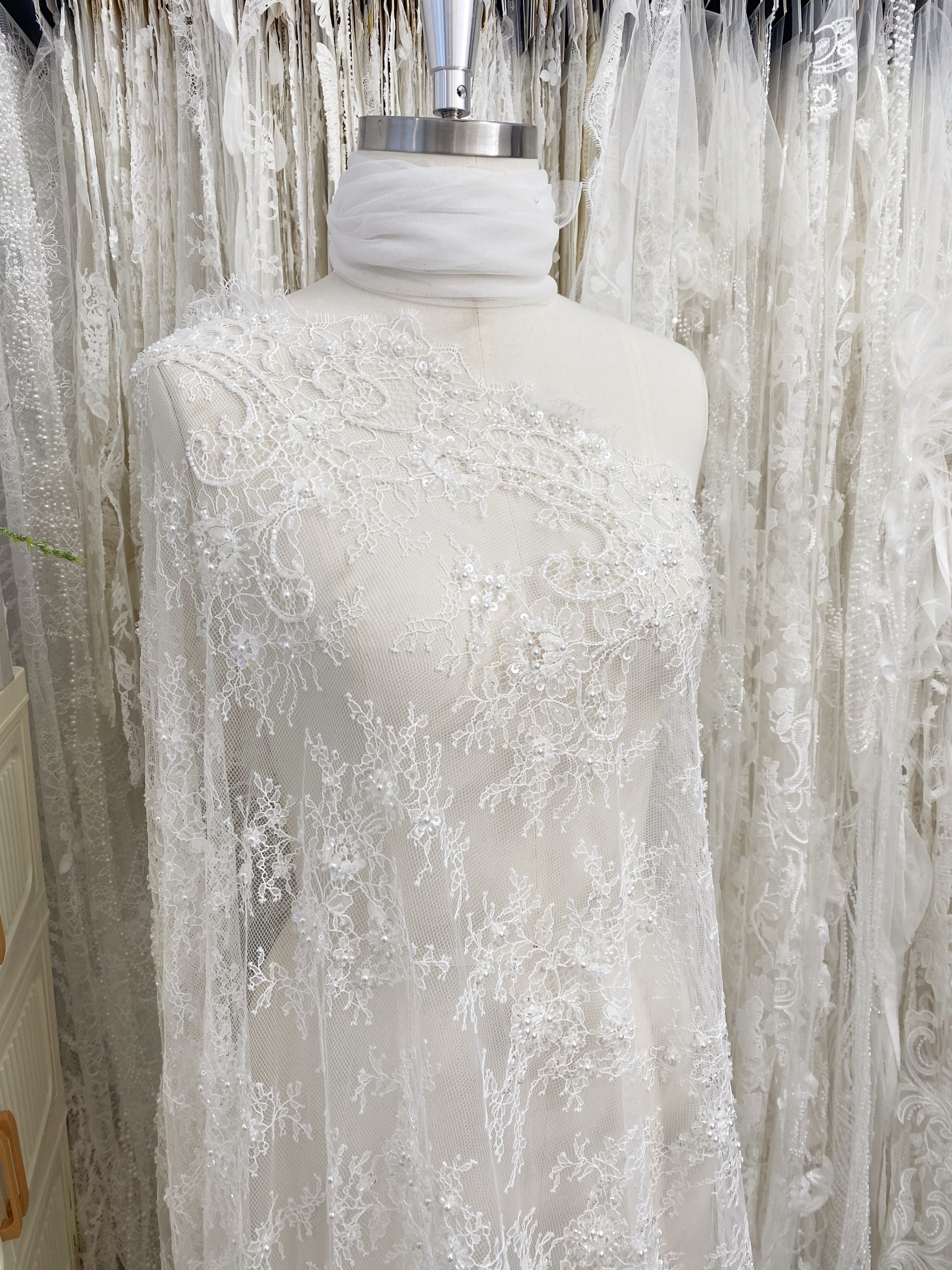 White Bead Chantilly Lace Fabric with Sequins for Wedding Dress,Bridal Gown Veil, Alencon Lace Floral Trim Eyelash Edging,Sold as 3-Meter Piece