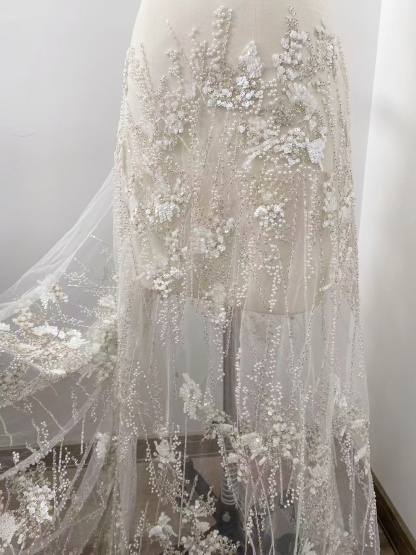 Ivory Heavy Sequin Beads Lace Fabric, Beading Tulle Lace for Prom Dress, Ball Gowns, Couture, Evening Dress