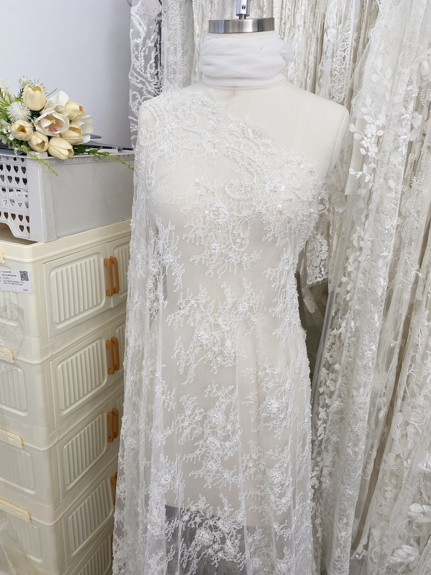 White Bead Chantilly Lace Fabric with Sequins for Wedding Dress,Bridal Gown Veil, Alencon Lace Floral Trim Eyelash Edging,Sold as 3-Meter Piece