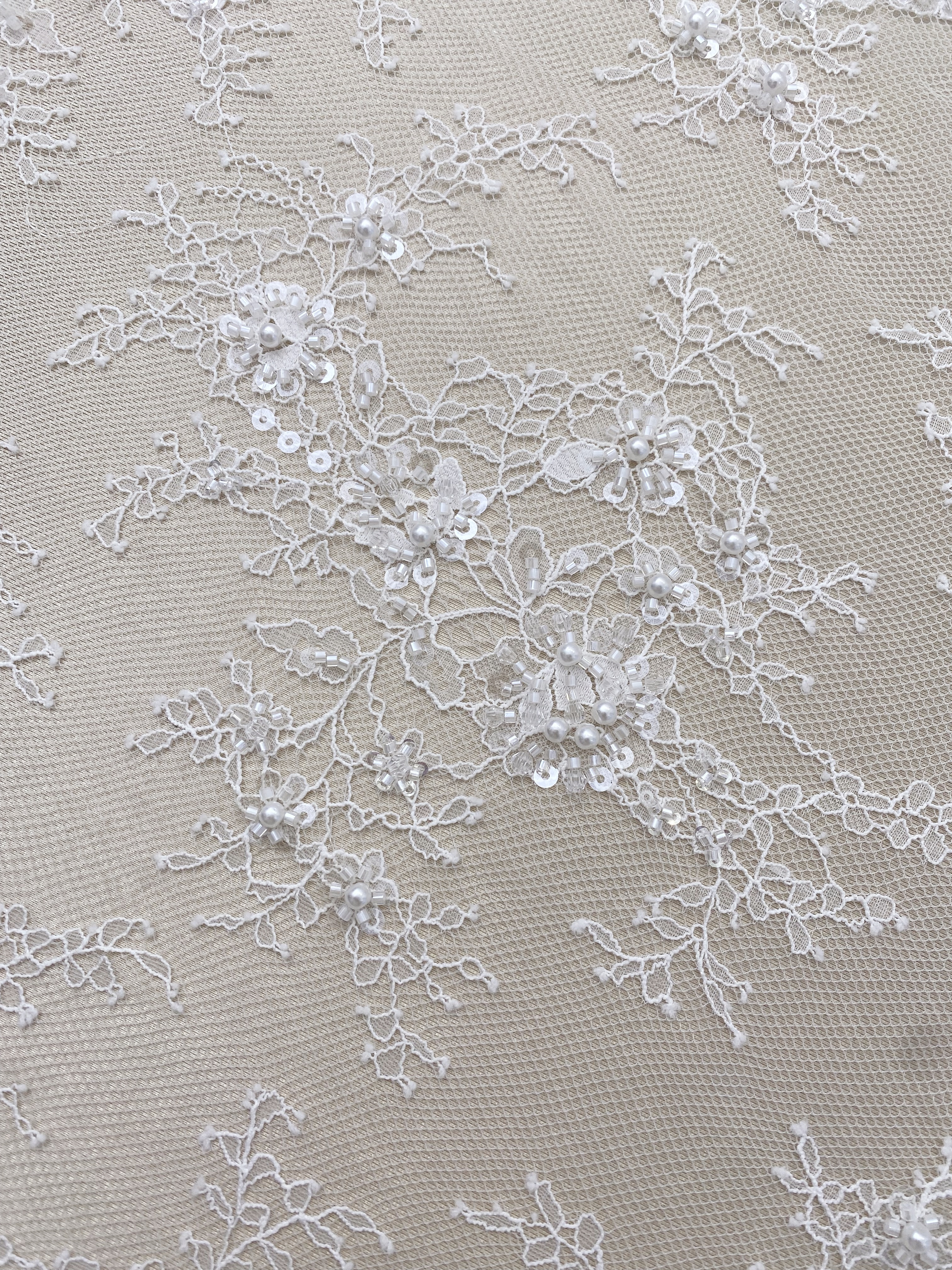 White Bead Chantilly Lace Fabric with Sequins for Wedding Dress,Bridal Gown Veil, Alencon Lace Floral Trim Eyelash Edging,Sold as 3-Meter Piece