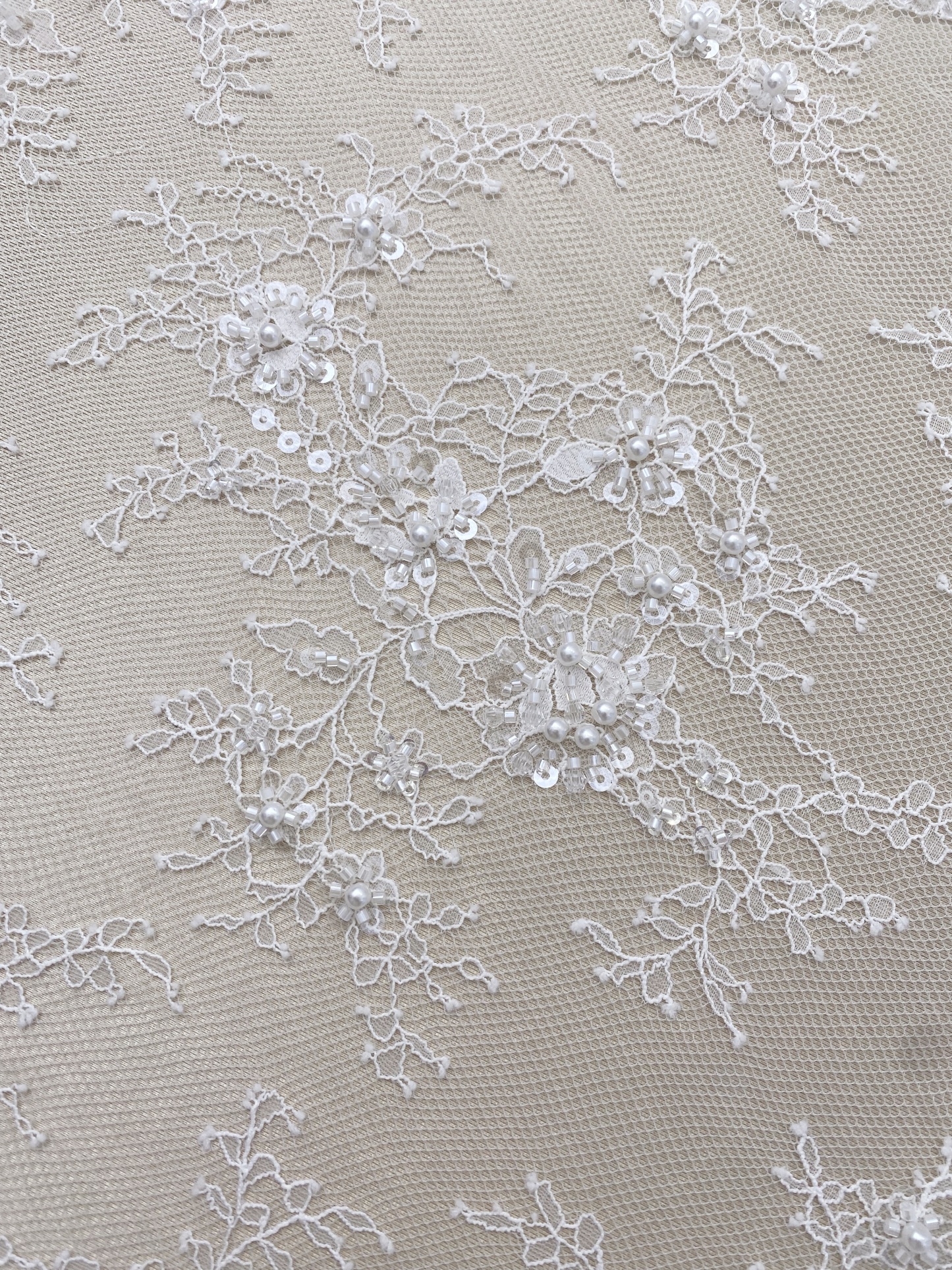 White Bead Chantilly Lace Fabric with Sequins for Wedding Dress,Bridal Gown Veil, Alencon Lace Floral Trim Eyelash Edging,Sold as 3-Meter Piece