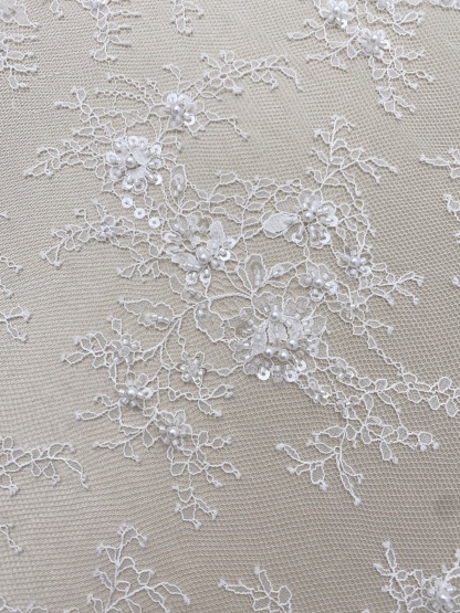 White Bead Chantilly Lace Fabric with Sequins for Wedding Dress,Bridal Gown Veil, Alencon Lace Floral Trim Eyelash Edging,Sold as 3-Meter Piece