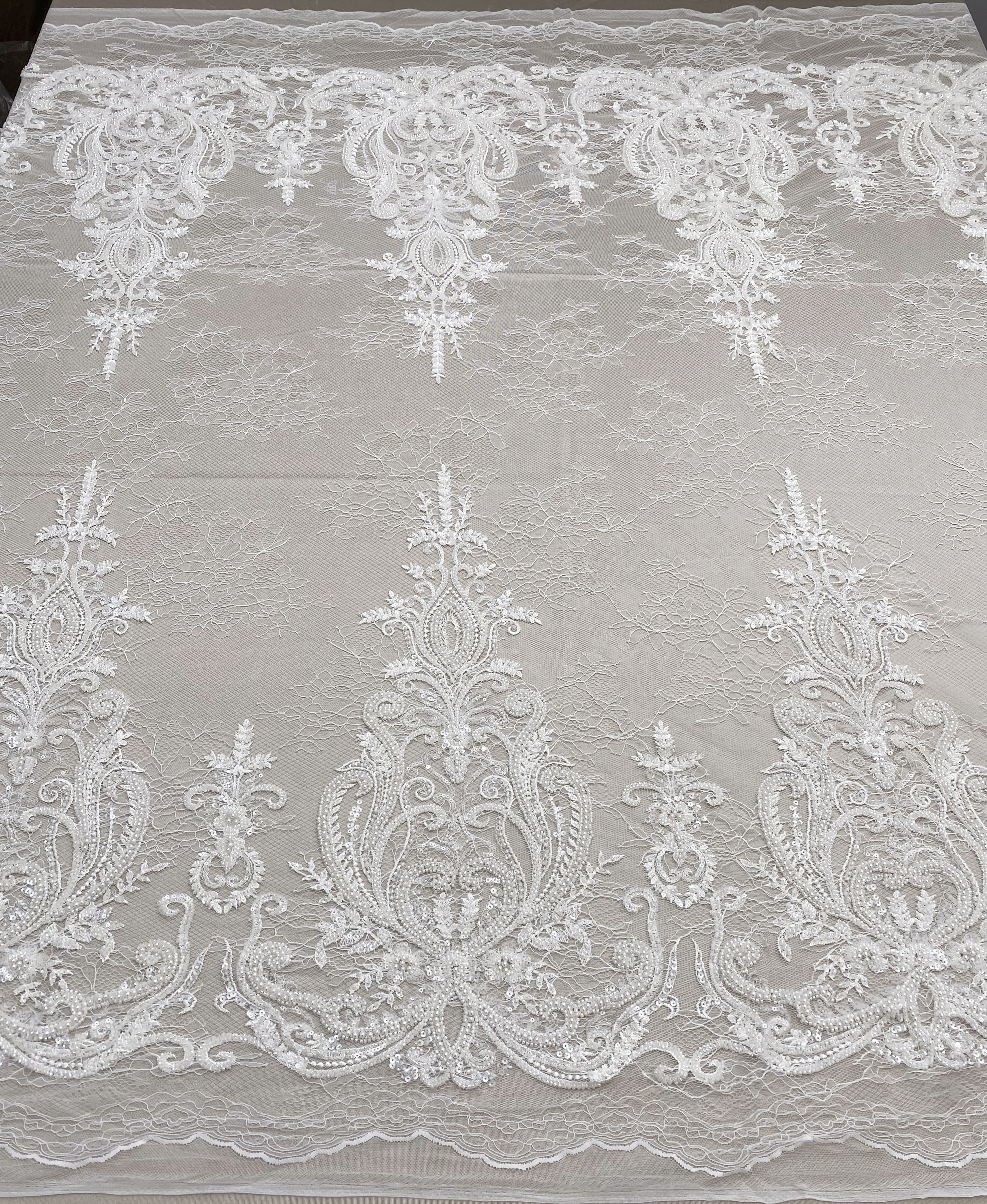 Ivory Beaded Tulle Fabric Bridal Lace with Heavy Embroidery,Hand Beaded Floral Sequin Lace for Wedding Dresses and Veils by the Yard