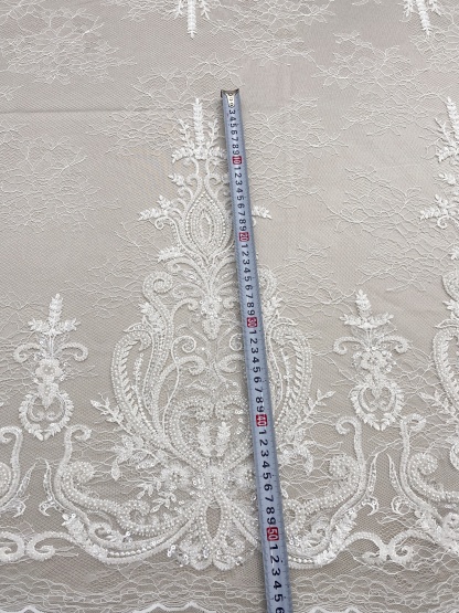Ivory Beaded Tulle Fabric Bridal Lace with Heavy Embroidery,Hand Beaded Floral Sequin Lace for Wedding Dresses and Veils by the Yard