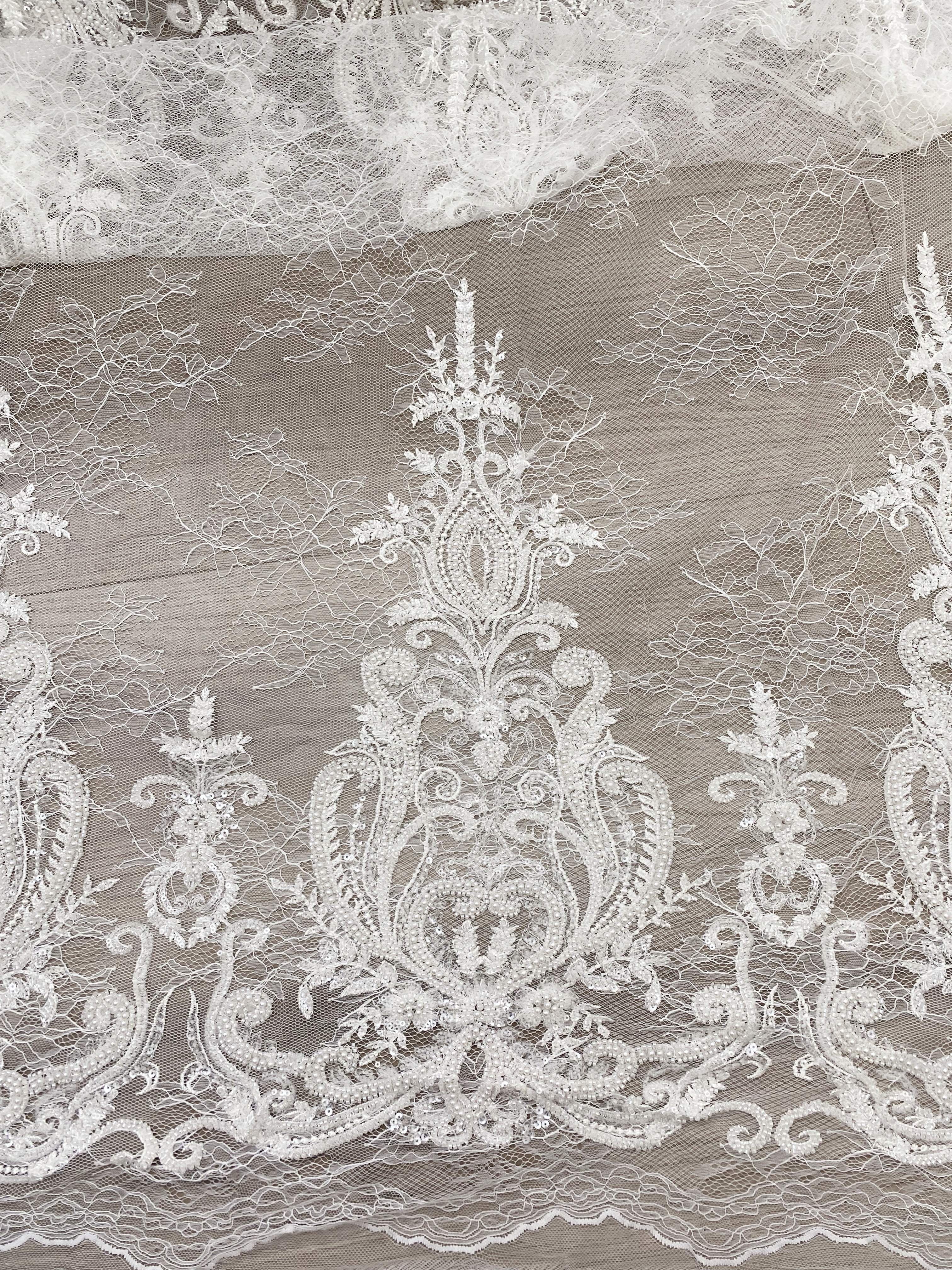 Ivory Beaded Tulle Fabric Bridal Lace with Heavy Embroidery,Hand Beaded Floral Sequin Lace for Wedding Dresses and Veils by the Yard