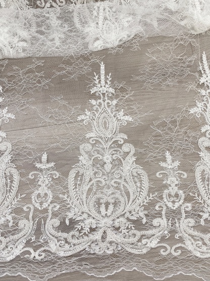 Ivory Beaded Tulle Fabric Bridal Lace with Heavy Embroidery,Hand Beaded Floral Sequin Lace for Wedding Dresses and Veils by the Yard