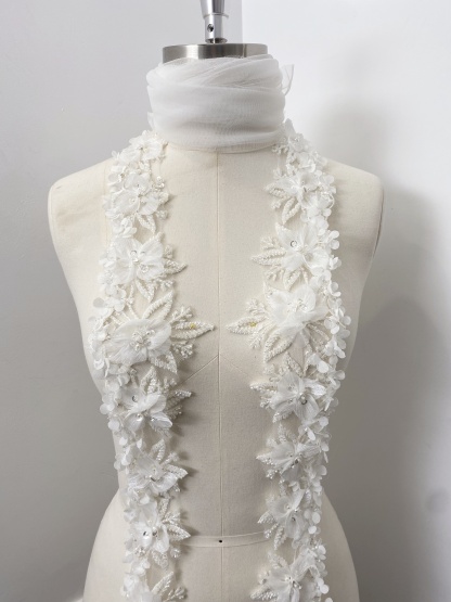 Chiffon 3D Flowers Lace Trim with Pearl, Beads Ribbon Trim Embroidered Lace Fabric Sewing Lace for Bridal Wedding Veil Decor, 1 Yard