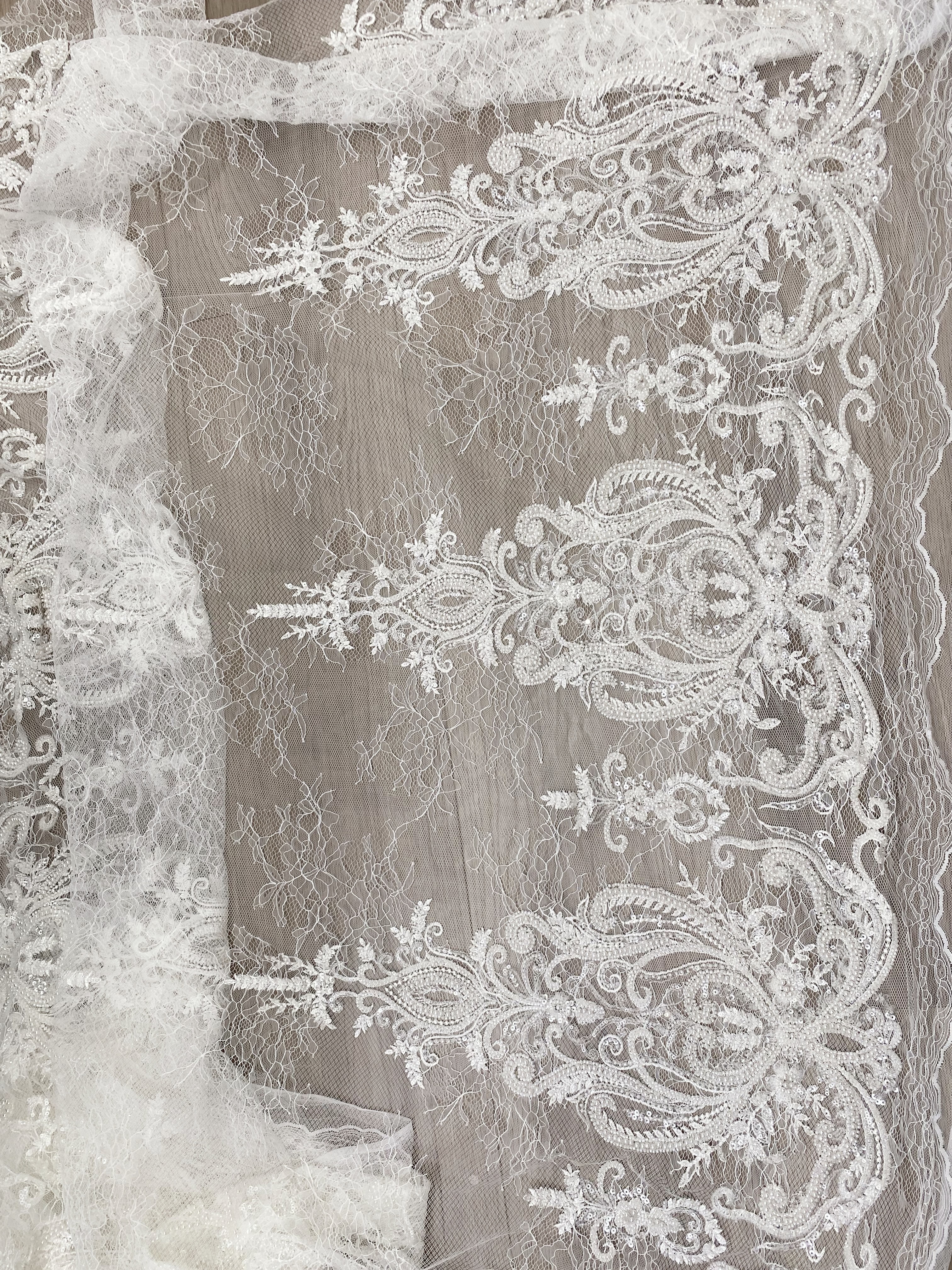 Ivory Beaded Tulle Fabric Bridal Lace with Heavy Embroidery,Hand Beaded Floral Sequin Lace for Wedding Dresses and Veils by the Yard