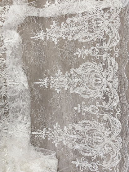 Ivory Beaded Tulle Fabric Bridal Lace with Heavy Embroidery,Hand Beaded Floral Sequin Lace for Wedding Dresses and Veils by the Yard