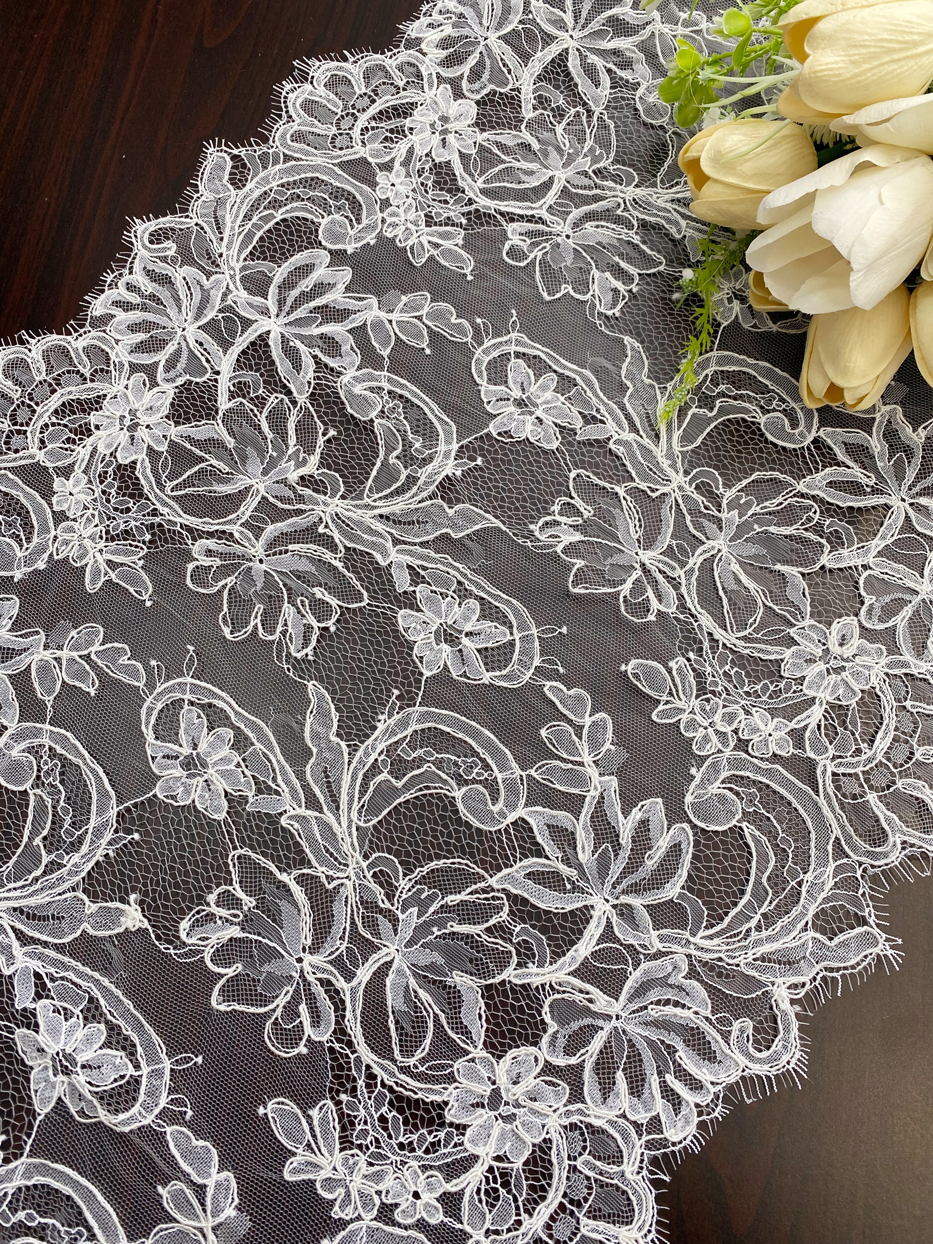 3 Meters French Corded Lace Trim,Floral Eyelash Lace for Bridal Wedding Veils or Dresses