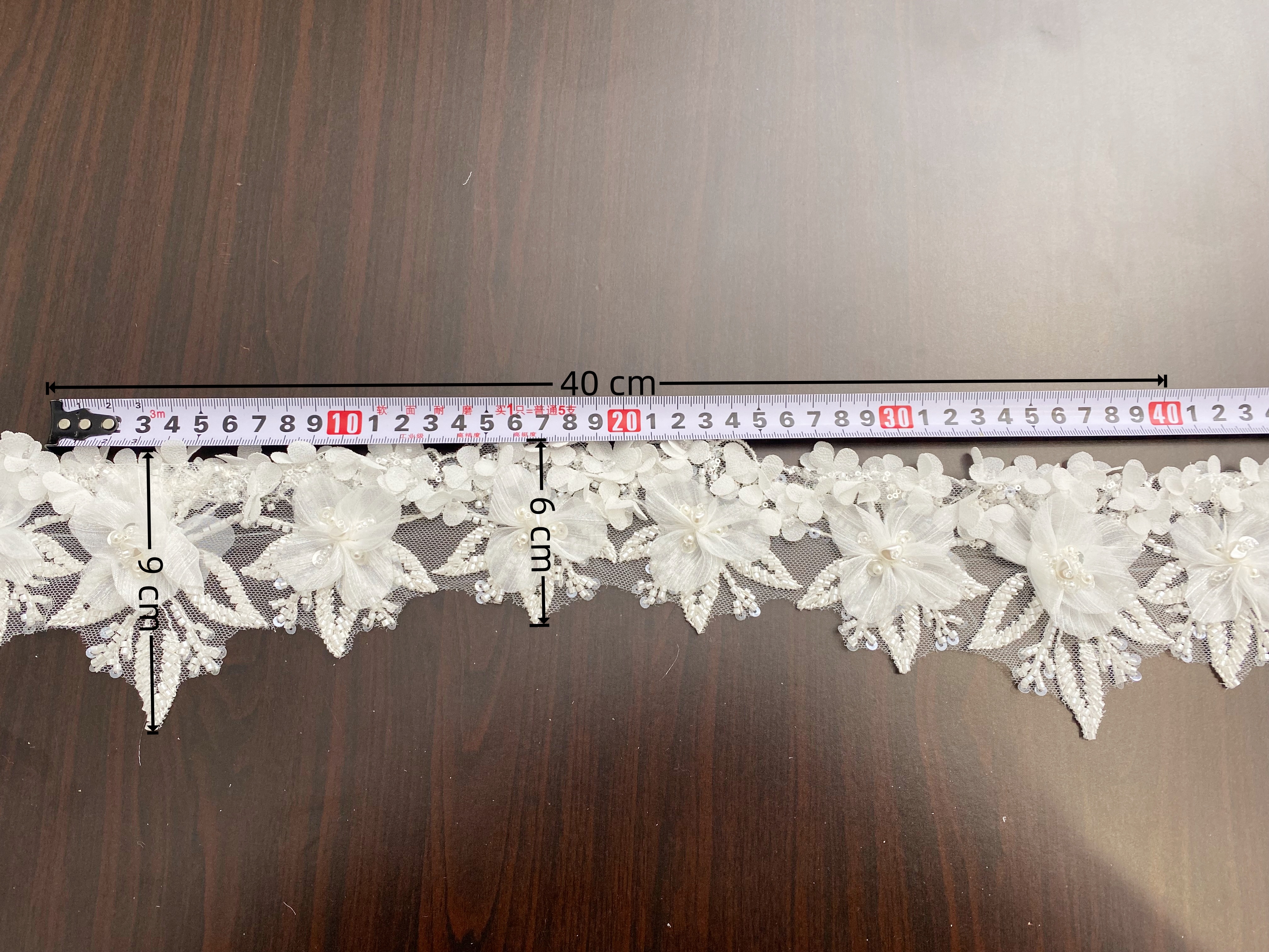 Chiffon 3D Flowers Lace Trim with Pearl, Beads Ribbon Trim Embroidered Lace Fabric Sewing Lace for Bridal Wedding Veil Decor, 1 Yard