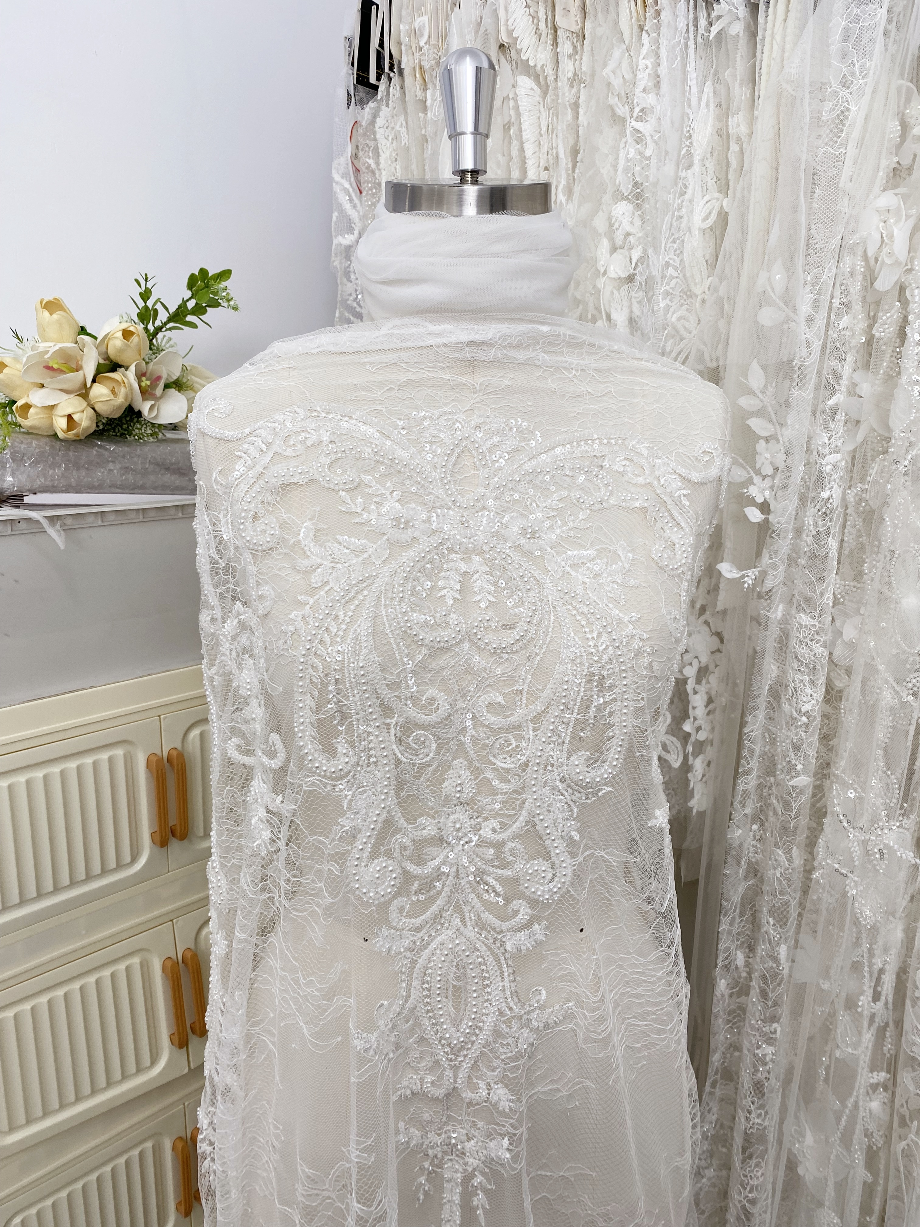 Ivory Beaded Tulle Fabric Bridal Lace with Heavy Embroidery,Hand Beaded Floral Sequin Lace for Wedding Dresses and Veils by the Yard