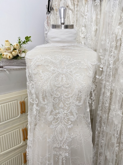 Ivory Beaded Tulle Fabric Bridal Lace with Heavy Embroidery,Hand Beaded Floral Sequin Lace for Wedding Dresses and Veils by the Yard