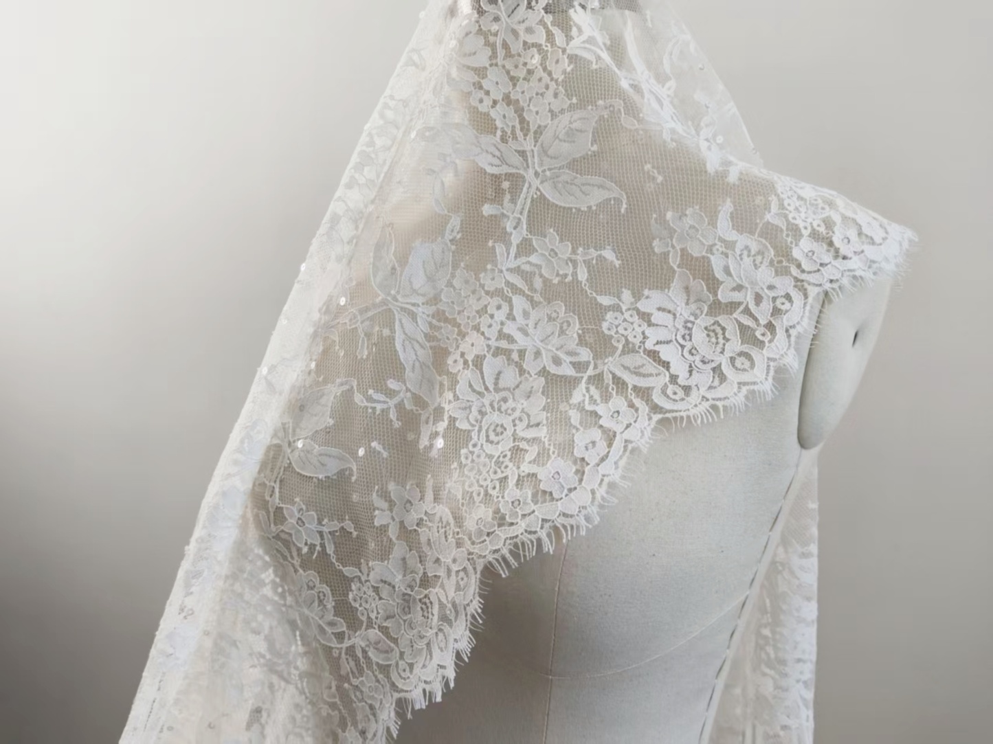 3 Meter French Chantilly Lace Fabric with Sequins, White Soft Wedding Lace with Scalloped Edge for Wedding Dress Veil Lace Robe