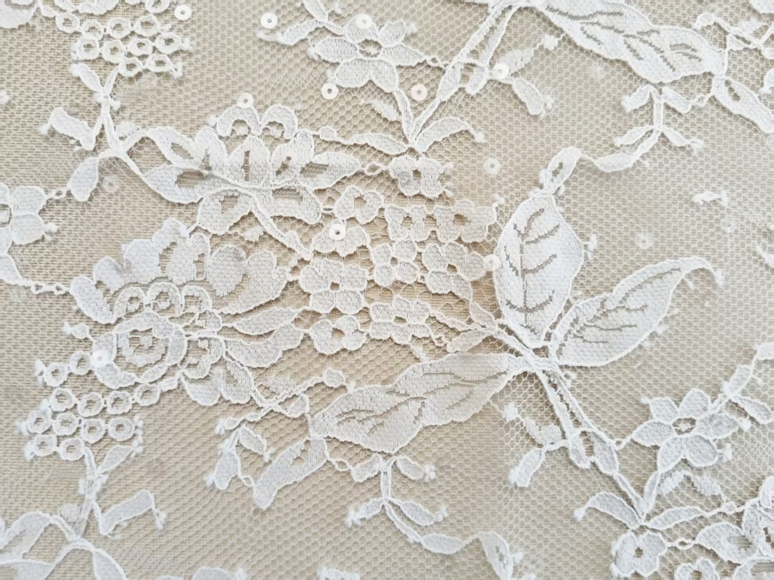 3 Meter French Chantilly Lace Fabric with Sequins, White Soft Wedding Lace with Scalloped Edge for Wedding Dress Veil Lace Robe