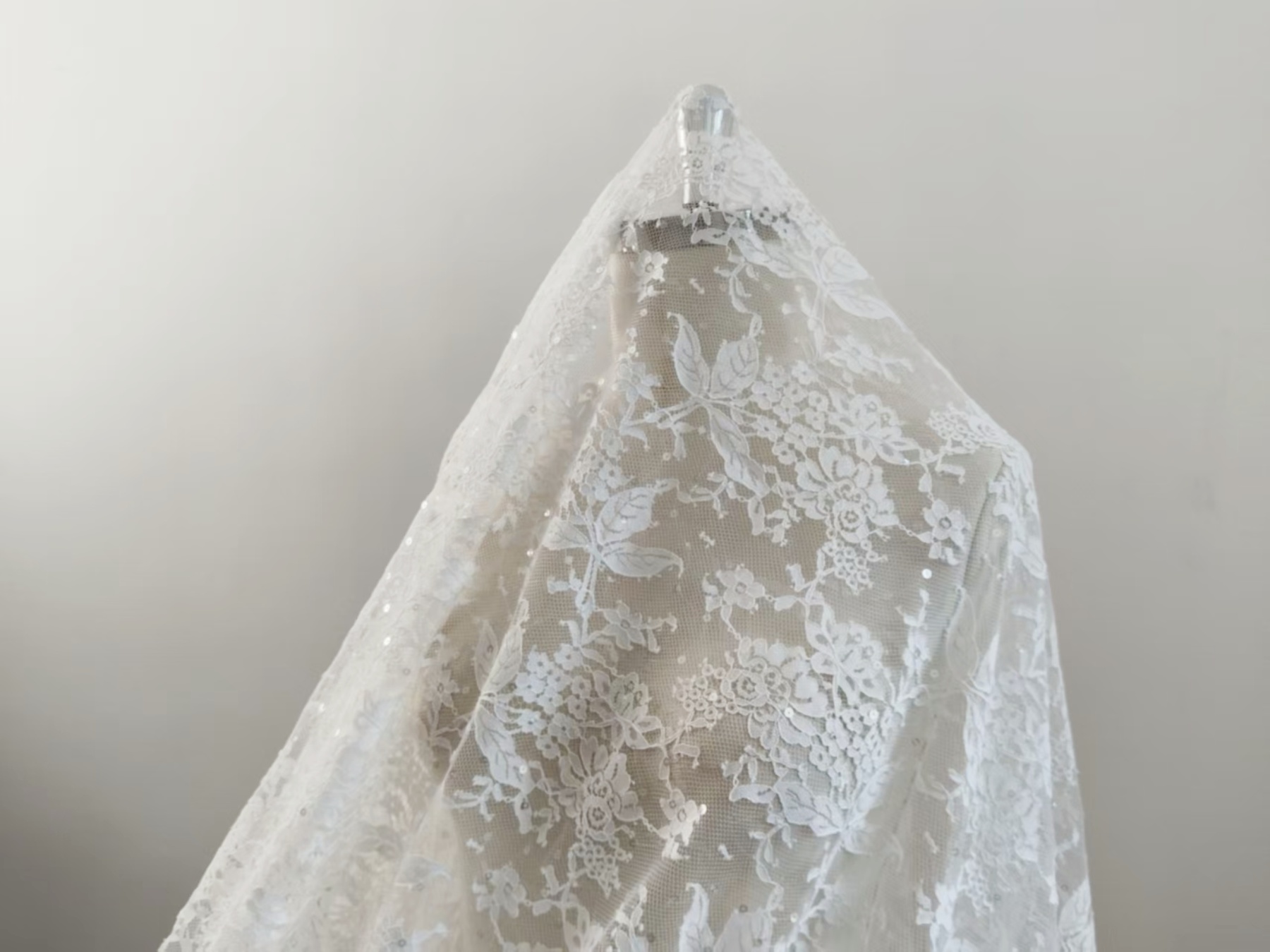 3 Meter French Chantilly Lace Fabric with Sequins, White Soft Wedding Lace with Scalloped Edge for Wedding Dress Veil Lace Robe