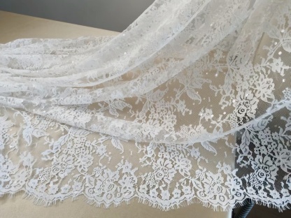 3 Meter French Chantilly Lace Fabric with Sequins, White Soft Wedding Lace with Scalloped Edge for Wedding Dress Veil Lace Robe