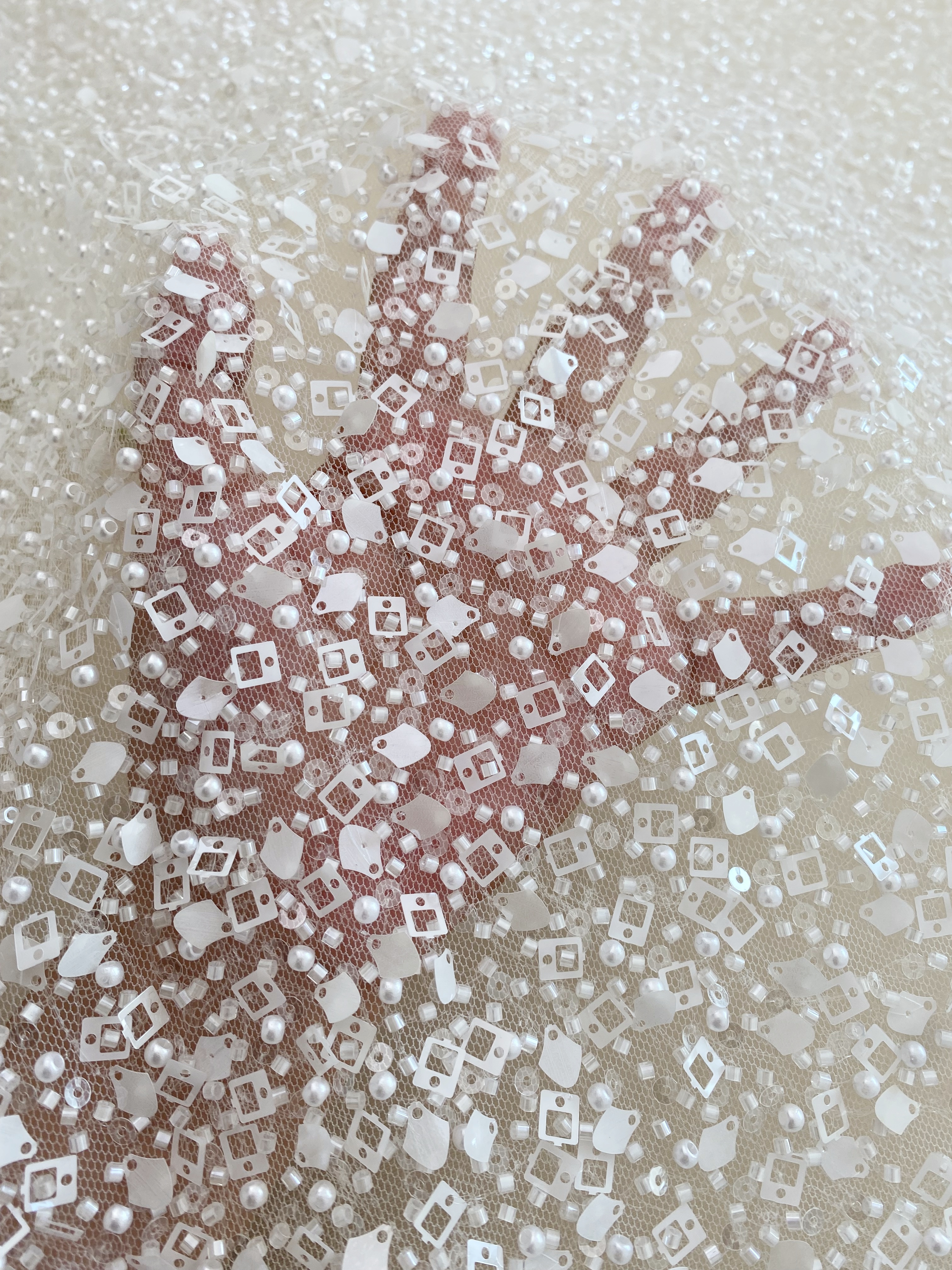 White Heavy Sequin Beaded Tulle Lace Fabric, DIY Dress Tulle Fabric,Wedding Evening Dress Tulle, Sequin Pearl Flower Mesh Lace