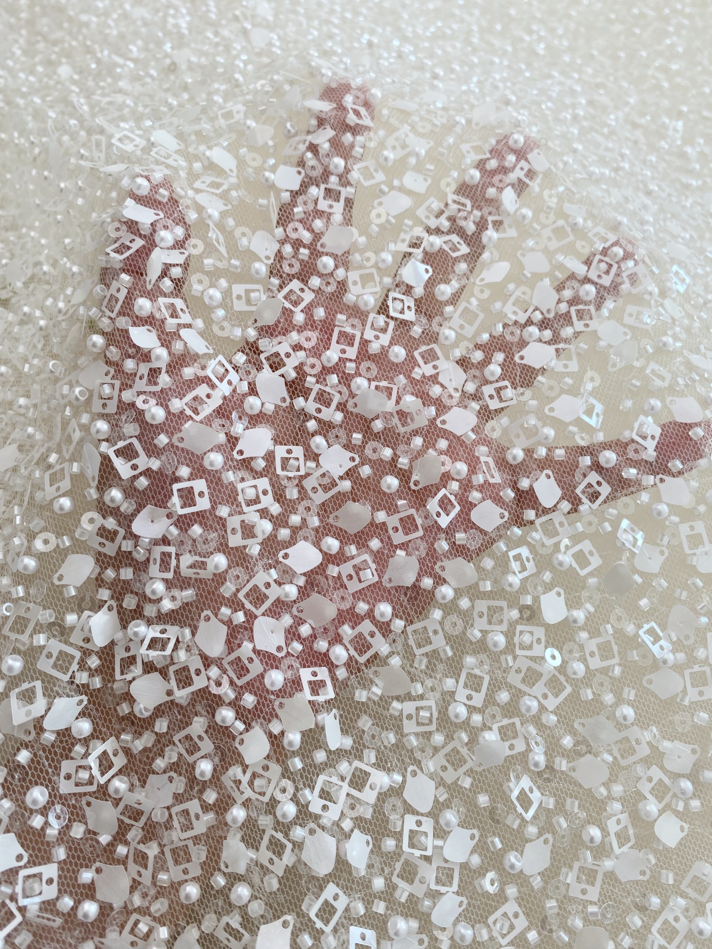 White Heavy Sequin Beaded Tulle Lace Fabric, DIY Dress Tulle Fabric,Wedding Evening Dress Tulle, Sequin Pearl Flower Mesh Lace